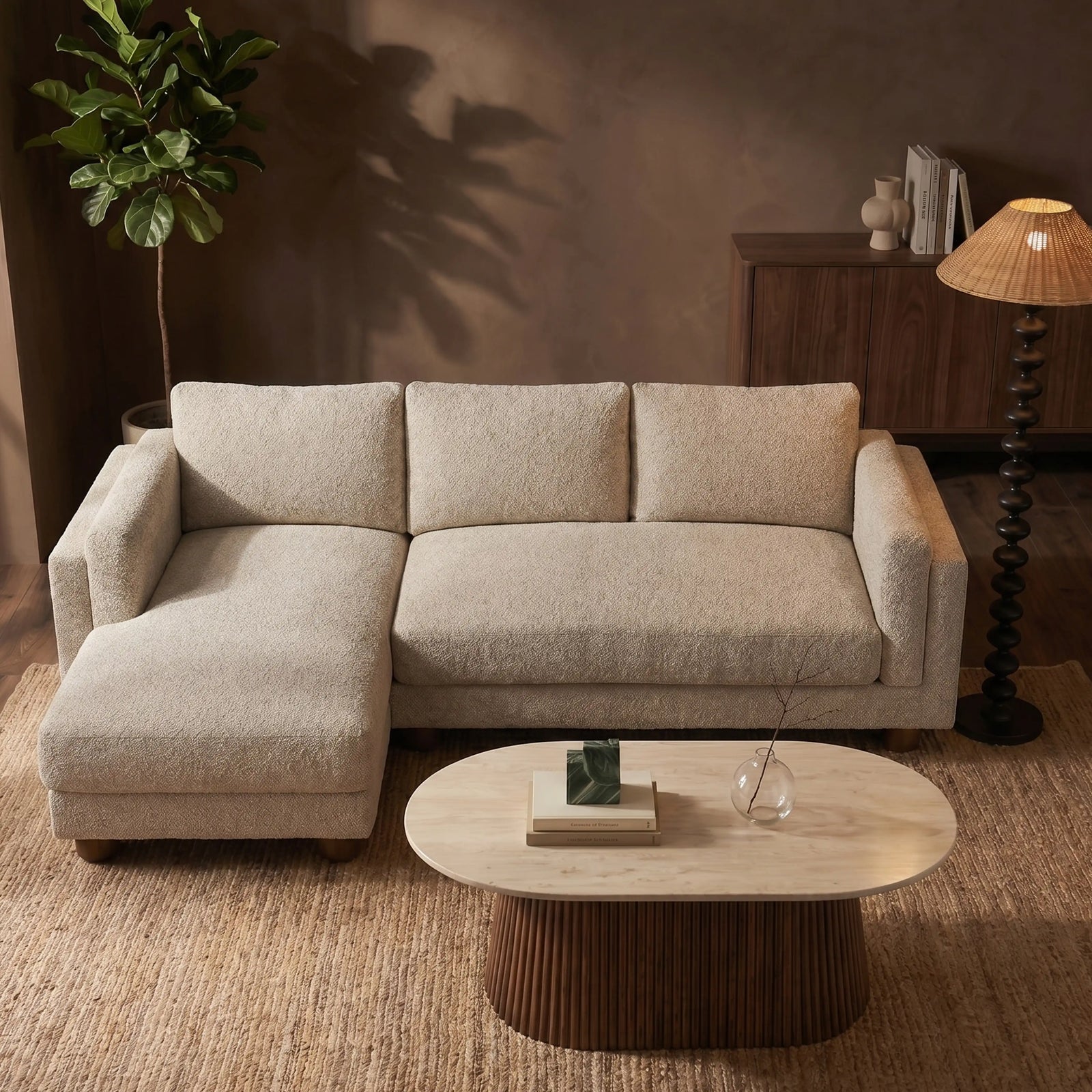 Halton Left Hand 3 Seater Chaise Sofa | Speckled Stone Sustainable Boucle