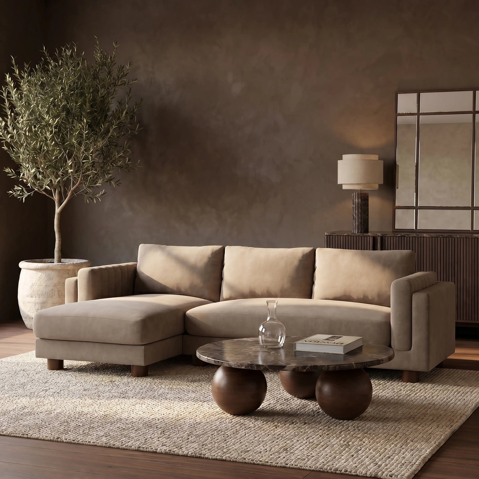 Halton Left Hand Chaise Sofa | Truffle Brown Sustainable Mohair Velvet