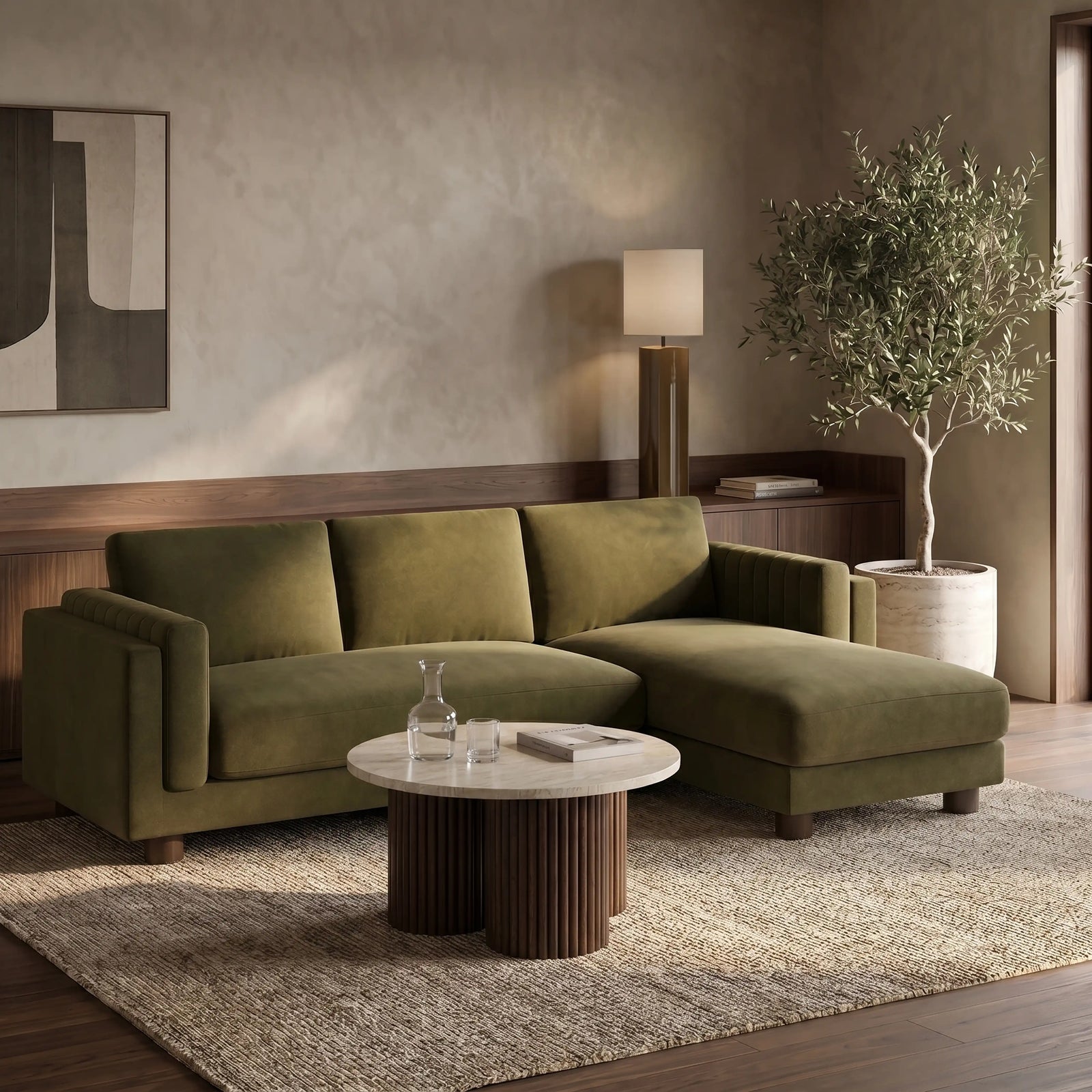 Halton Right Hand 3 Seater Chaise Sofa | Moss Green Sustainable Mohair Velvet