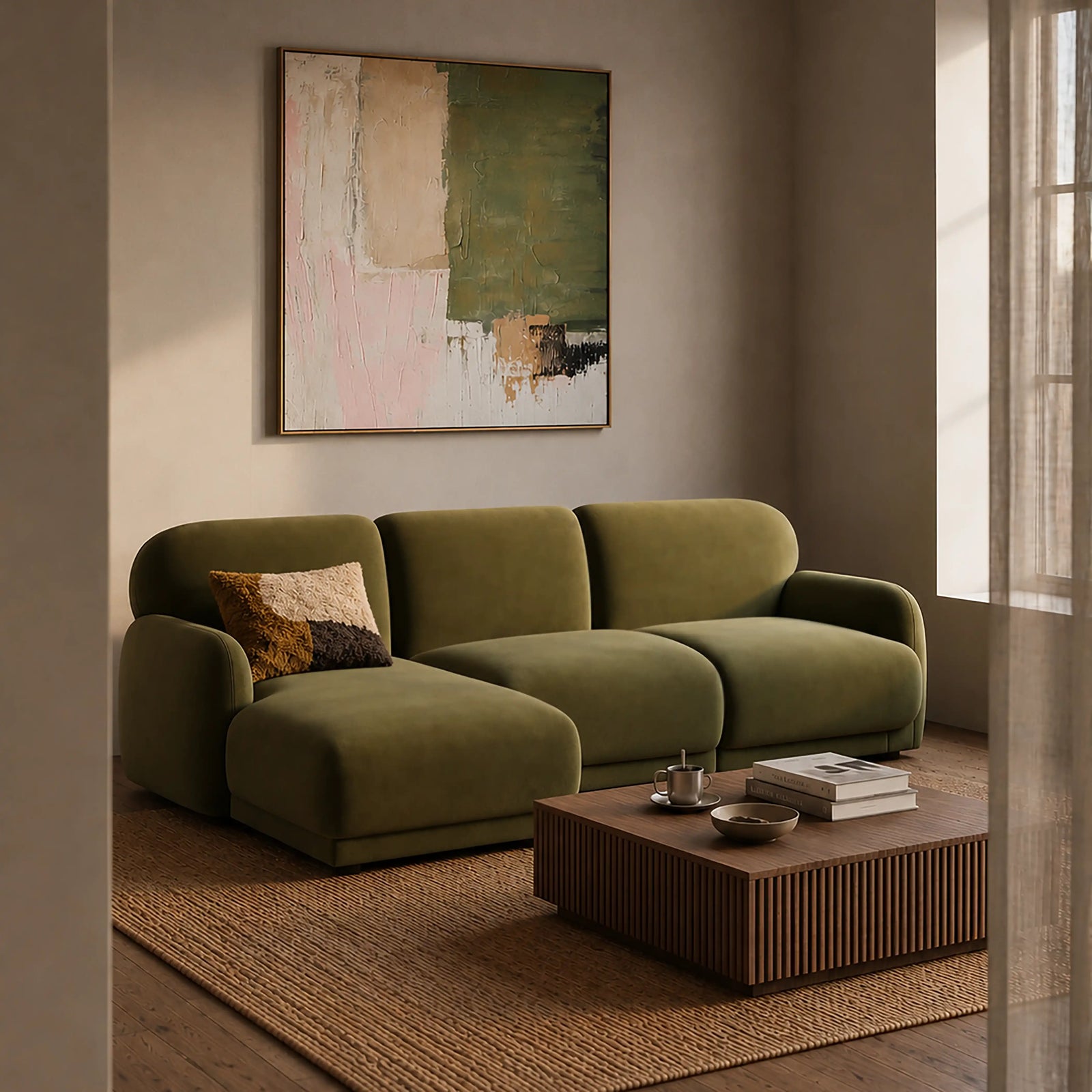 Cloud Left Hand Chaise Sofa | Moss Green Sustainable Mohair Velvet