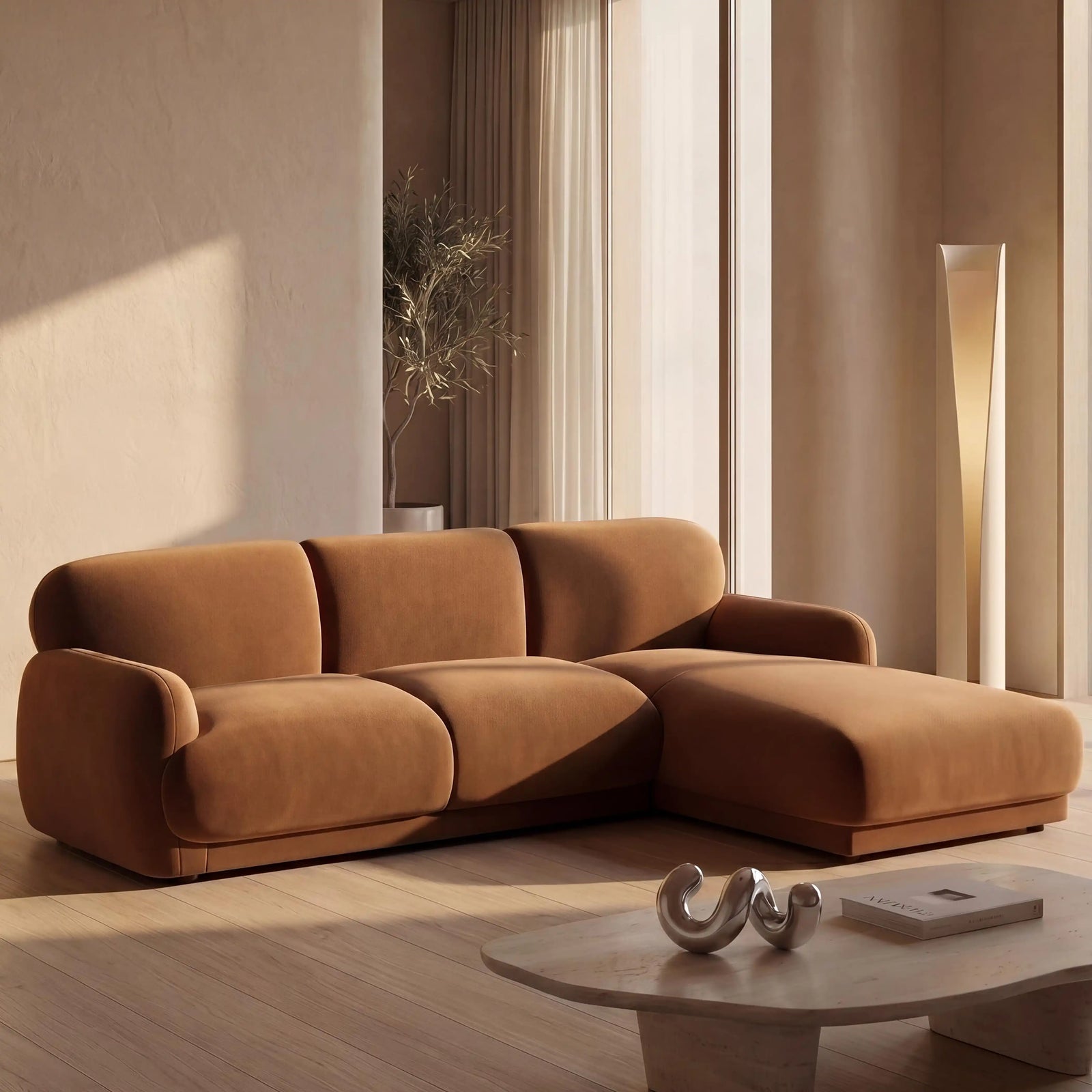 Cloud Right Hand Chaise Sofa | Caramel Brown Sustainable Mohair Velvet