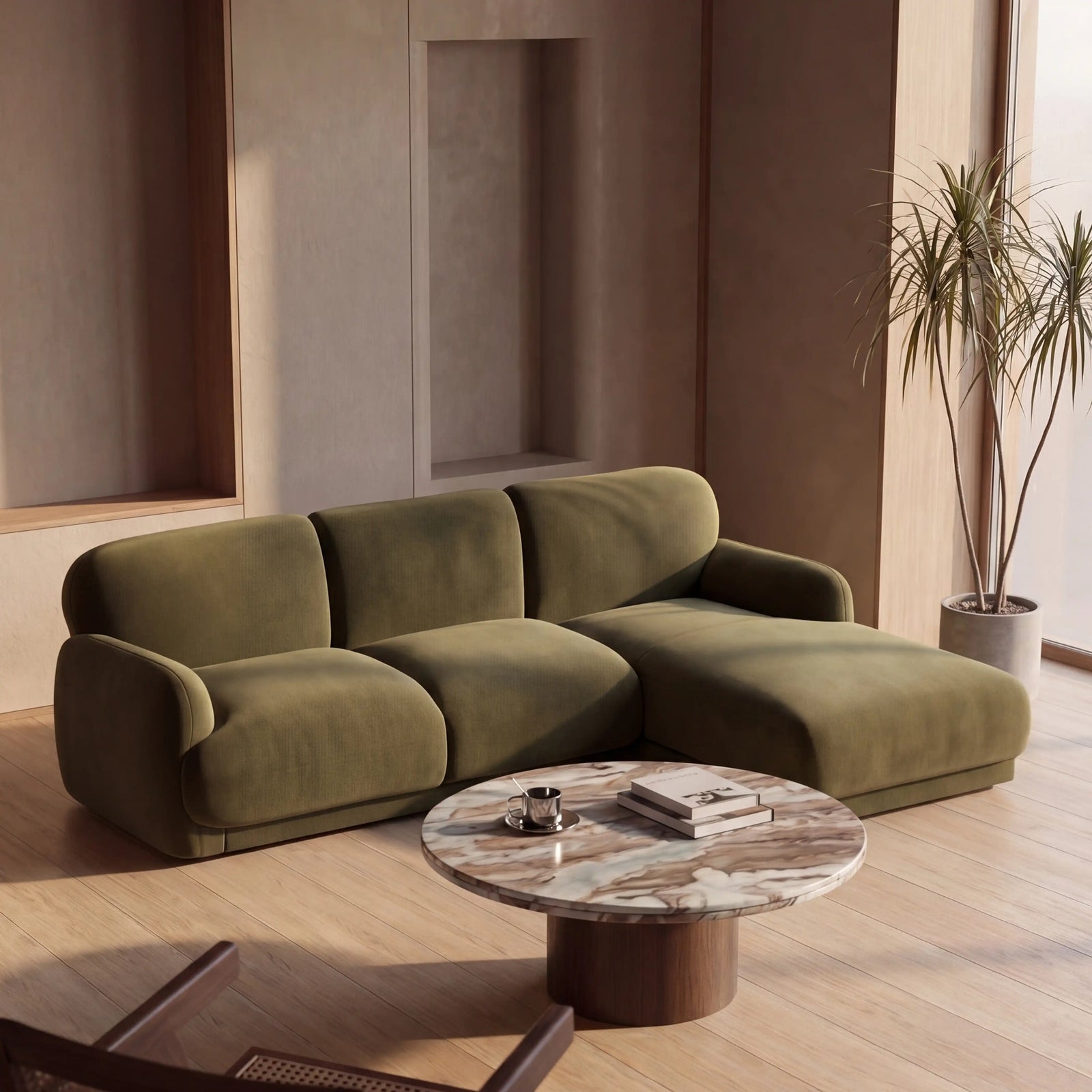 Cloud Right Hand 3 Seater Chaise Sofa | Moss Green Sustainable Mohair Velvet