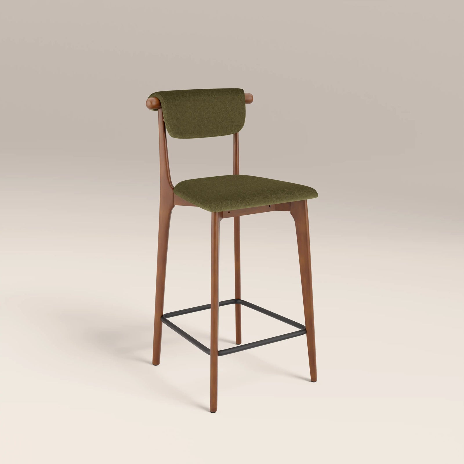 Nobu Kitchen Stool | Moss Green Sustainable Mohair Velvet & Walnut