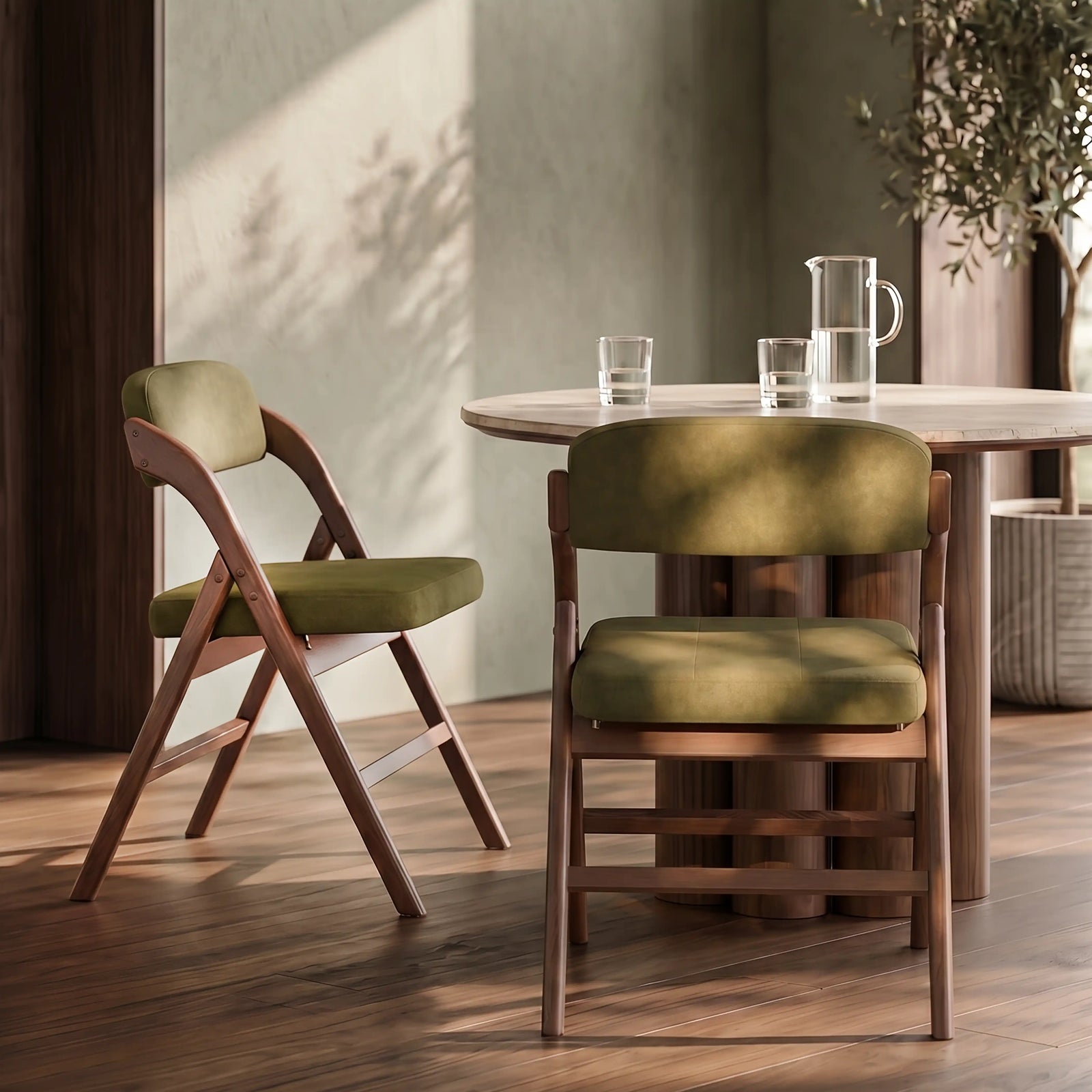 Nomad Folding Dining Chair | Moss Green Sustainable Mohair Velvet & Walnut