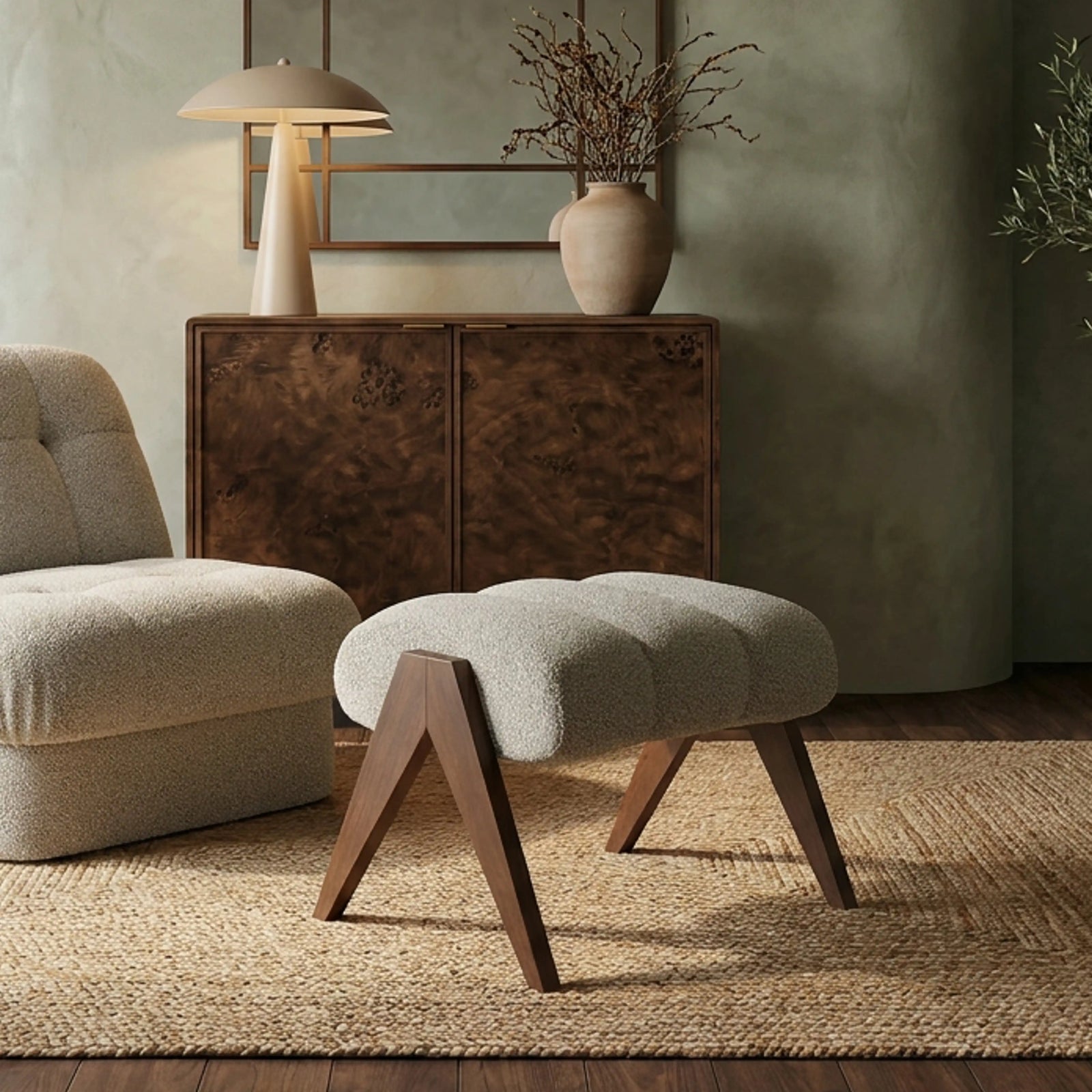 Paulo Footstool | Speckled Stone Sustainable Boucle & Walnut