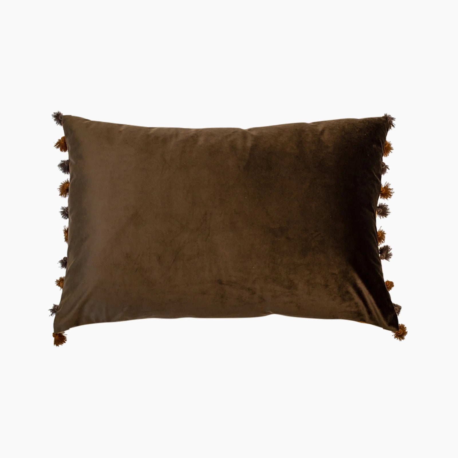 Retro Fringed Rectangle Velvet Cushion | Coffee Brown & Tan