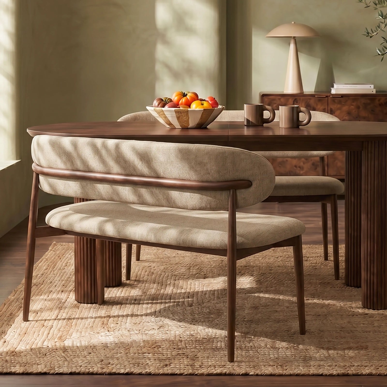 Halston 3 Seater Dining Bench | Latte Sustainable Fabric & Walnut