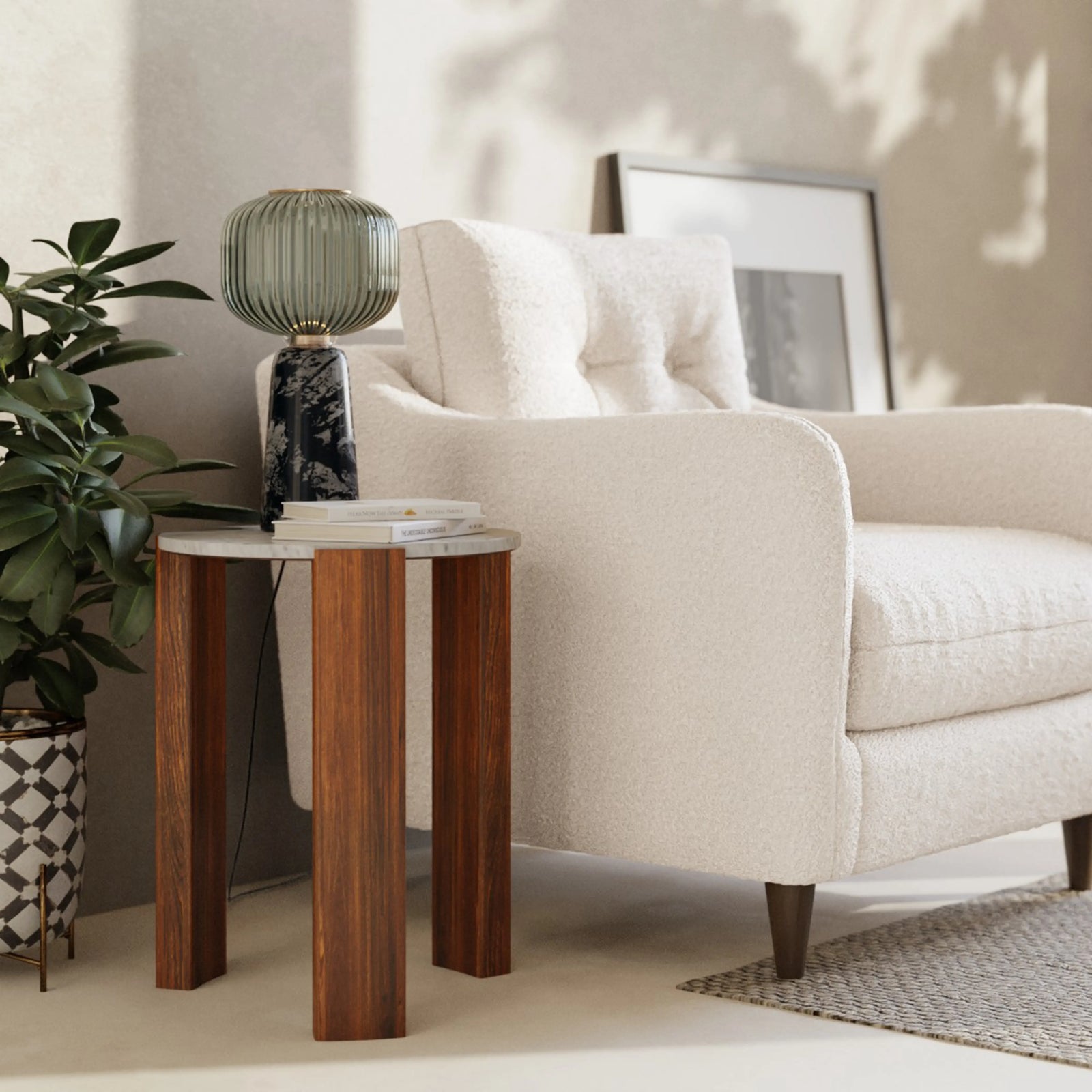Emil Round Side Table | White Marble & Dark Mango Wood