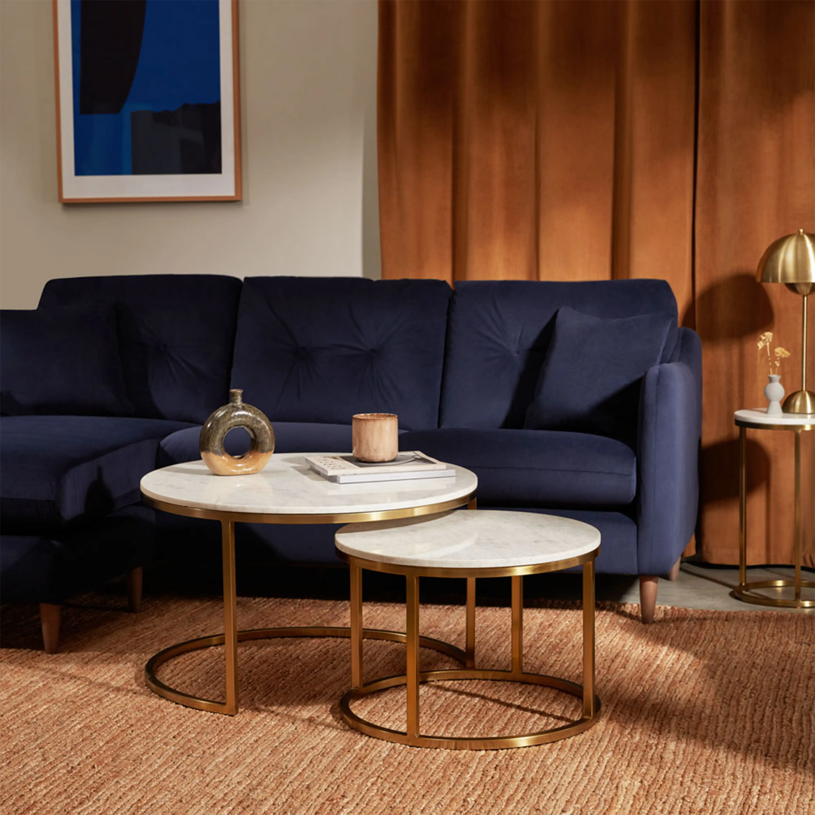 Madison Set Of 2 Round Nesting Coffee Tables | White Marble & Brass