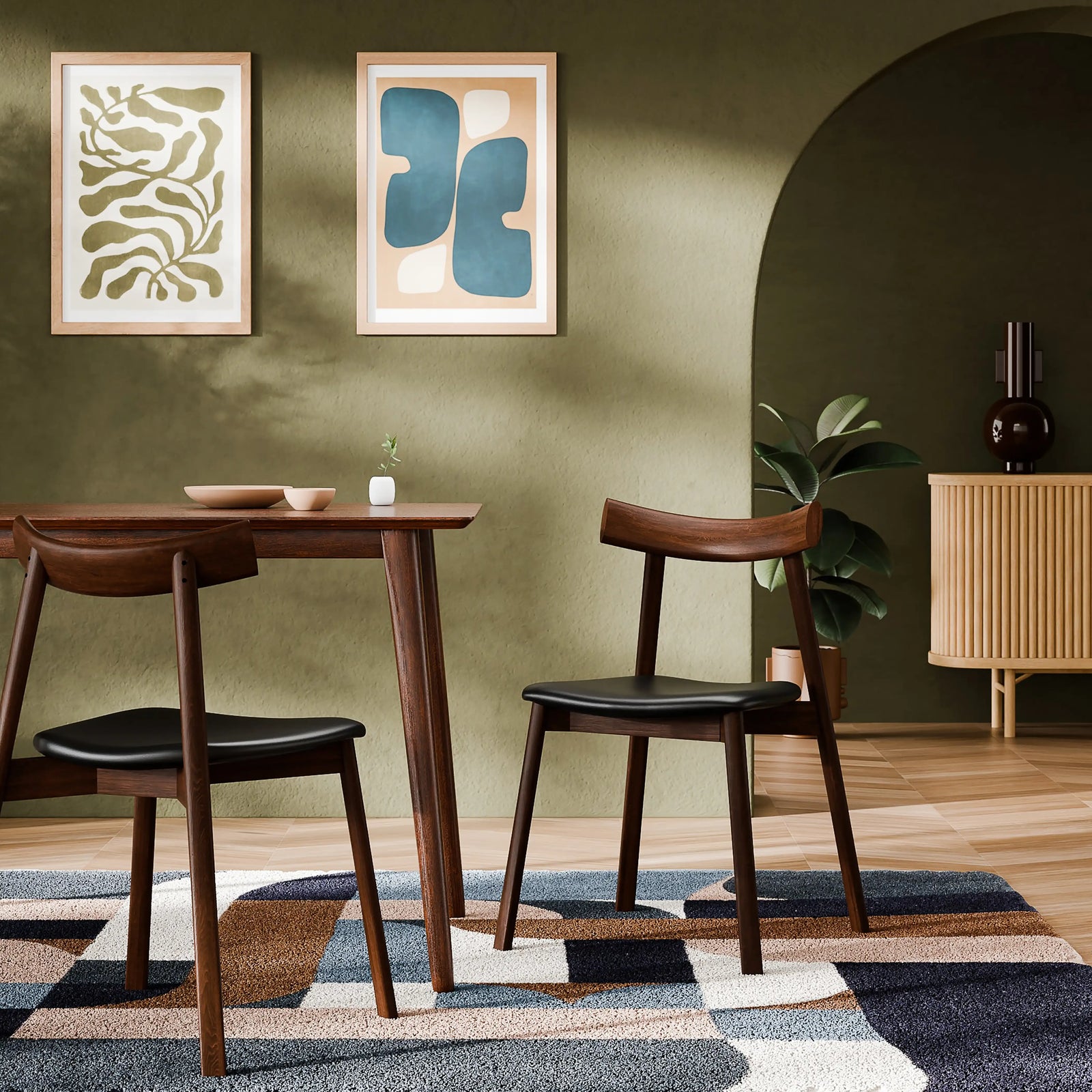 Clyde Wooden Dining Chair | Noir Black Faux Leather & Walnut