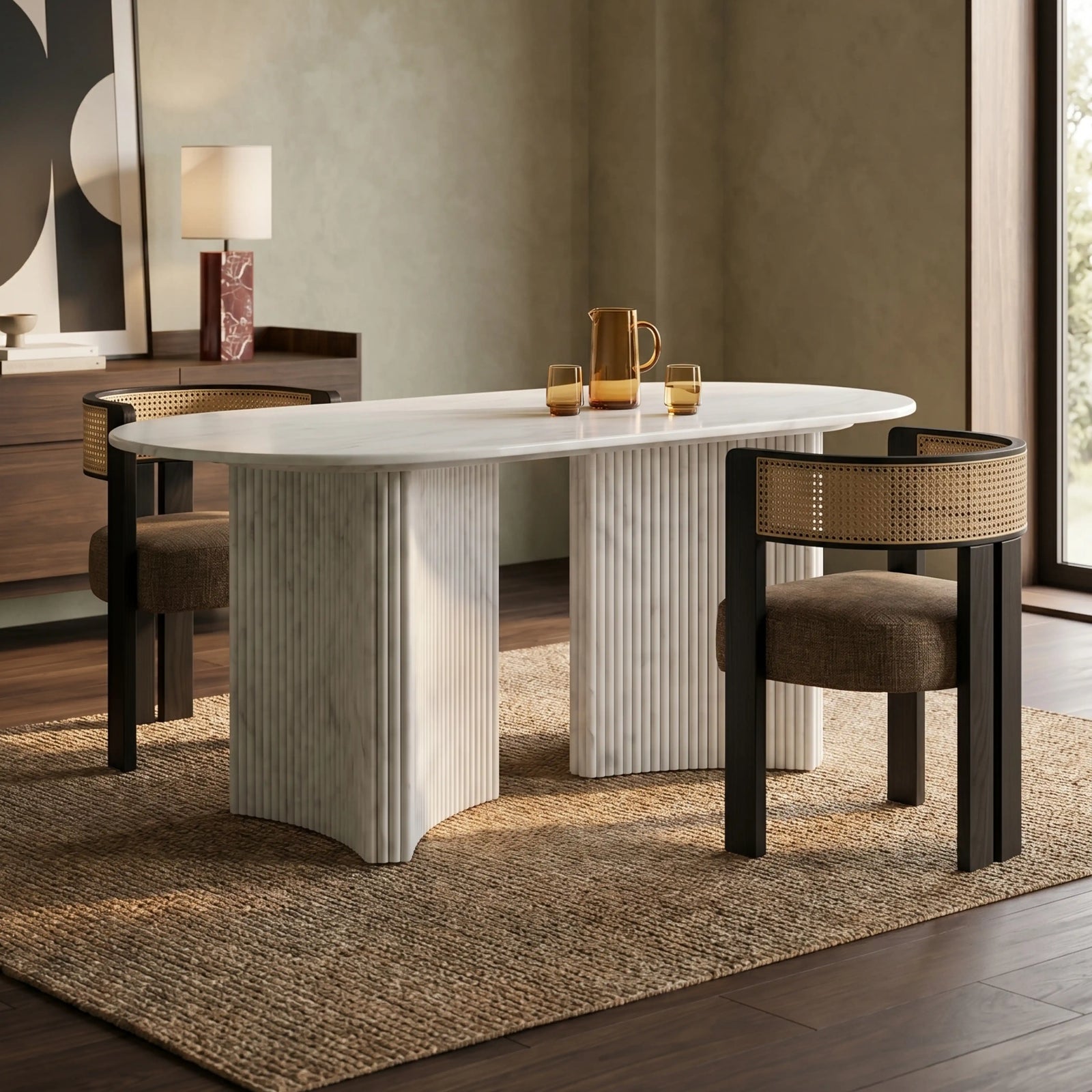 Jace 6 Seat Oval Dining Table | White Carrara Honed Marble Effect Stone