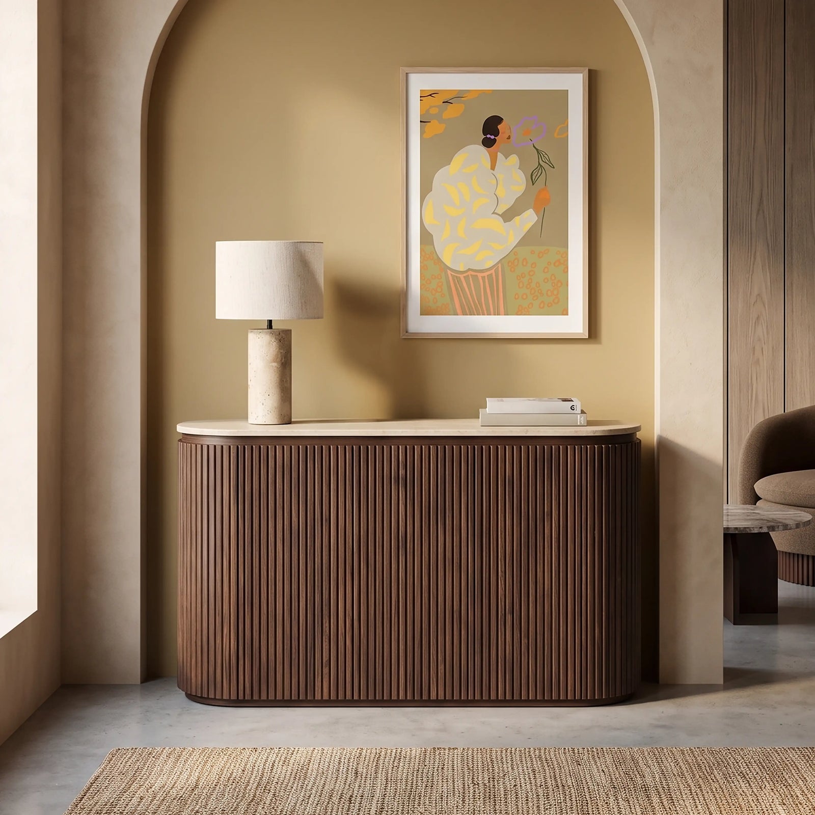 Hayes 3 Door Sideboard | Natural Travertine Effect Stone & Walnut