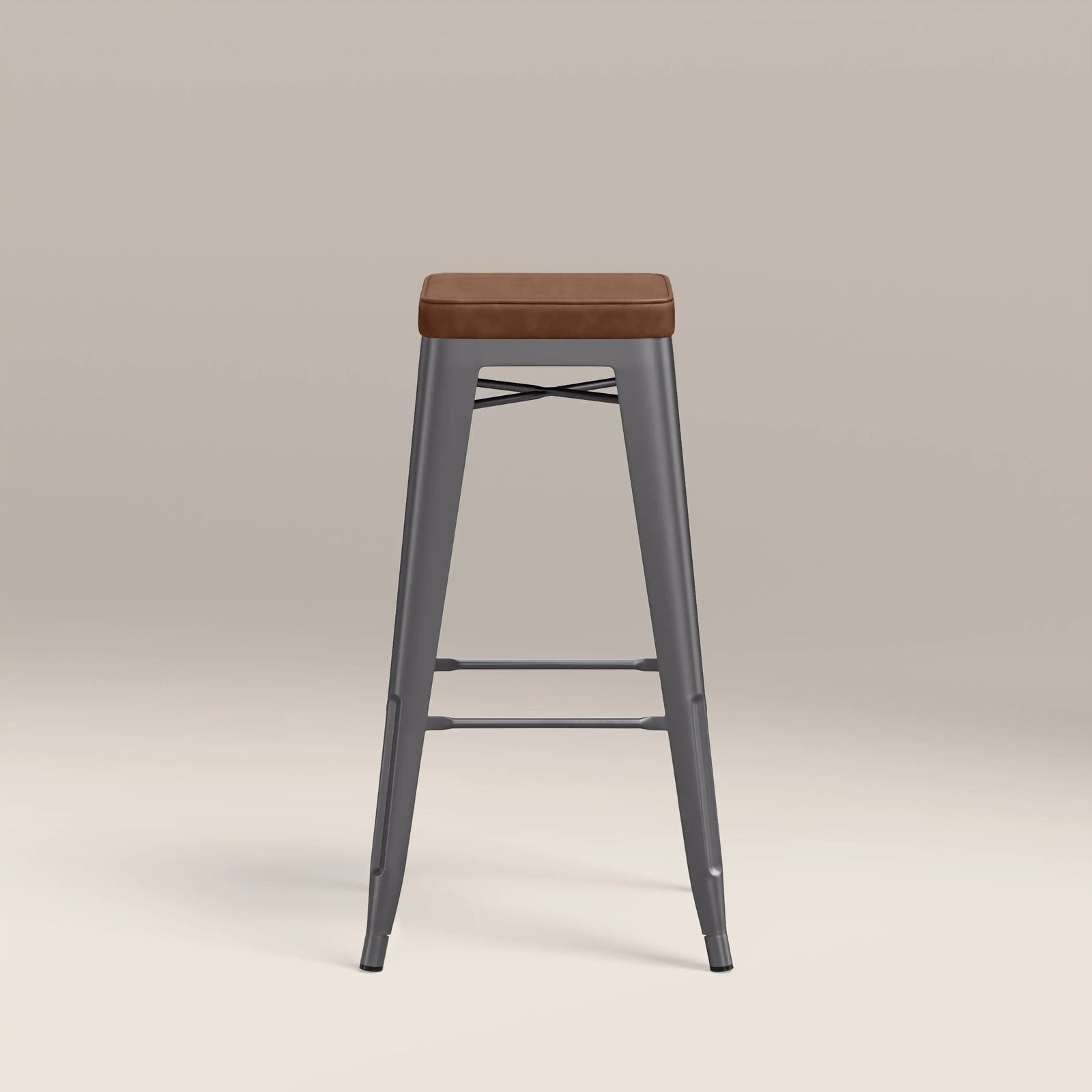 Tolix Style Stackable Bar Stool | Tan Faux Leather & Gunmetal