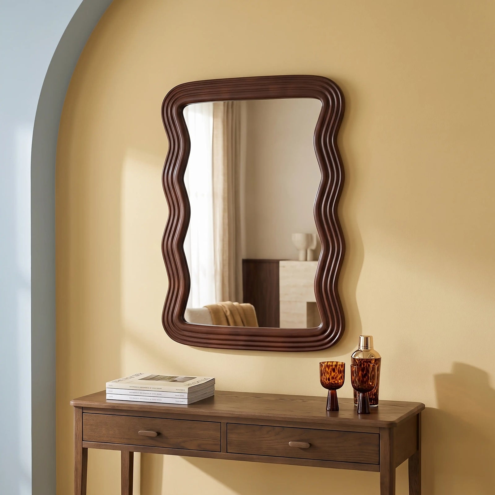 Ridley Wavy Wall Mirror, 101 x 71 cm | Walnut
