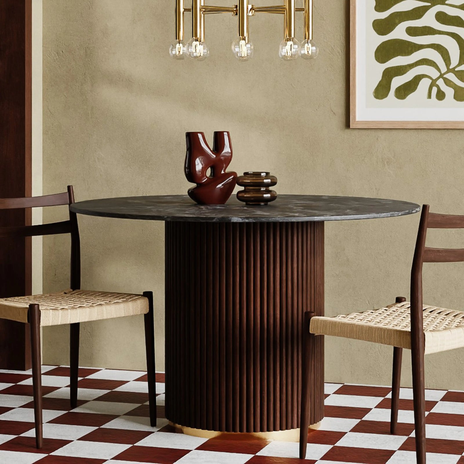 Caleb 4 Seat Round Dining Table | Natural Sintered Stone & Walnut