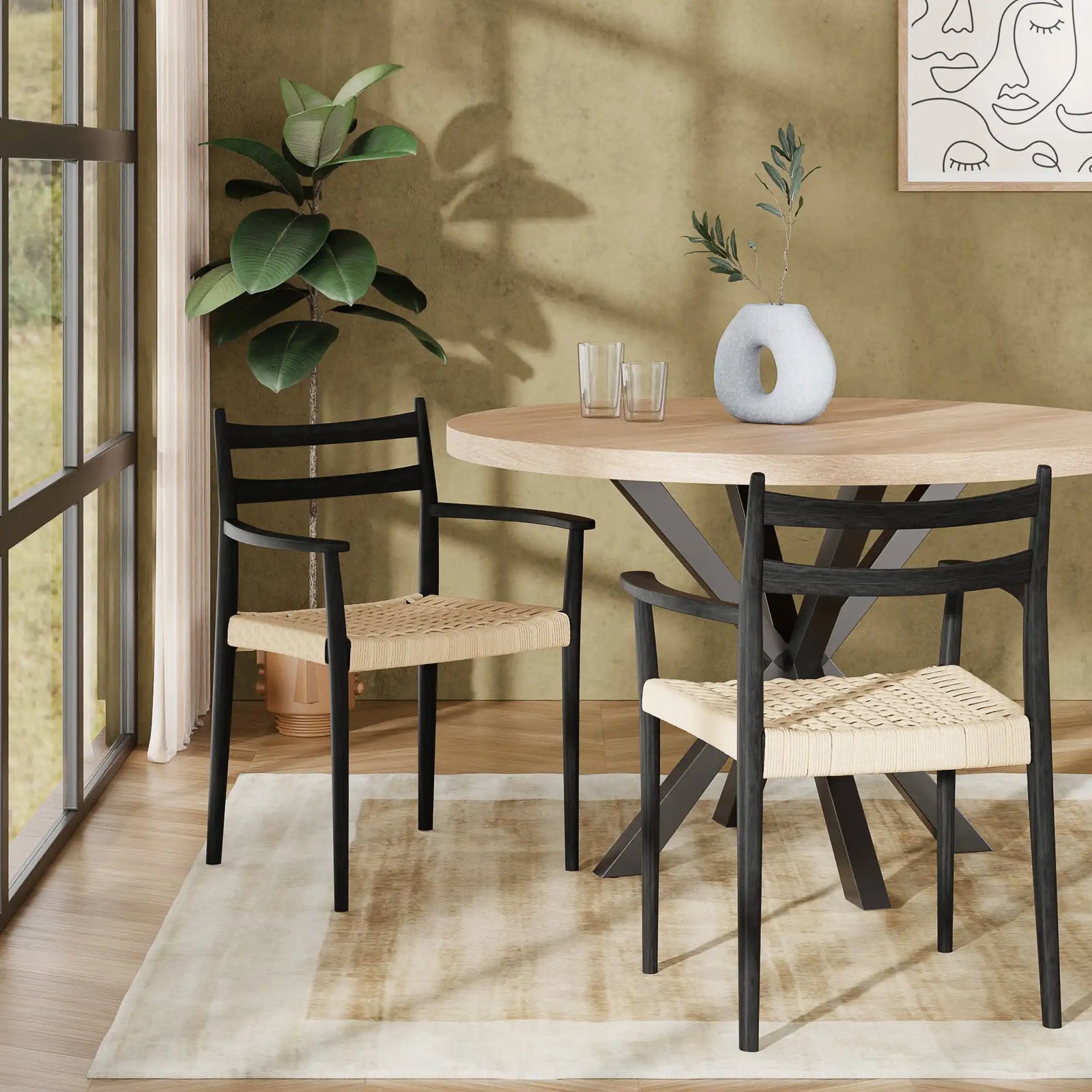 Caleb Wooden Dining Chair | Natural Weave & Black