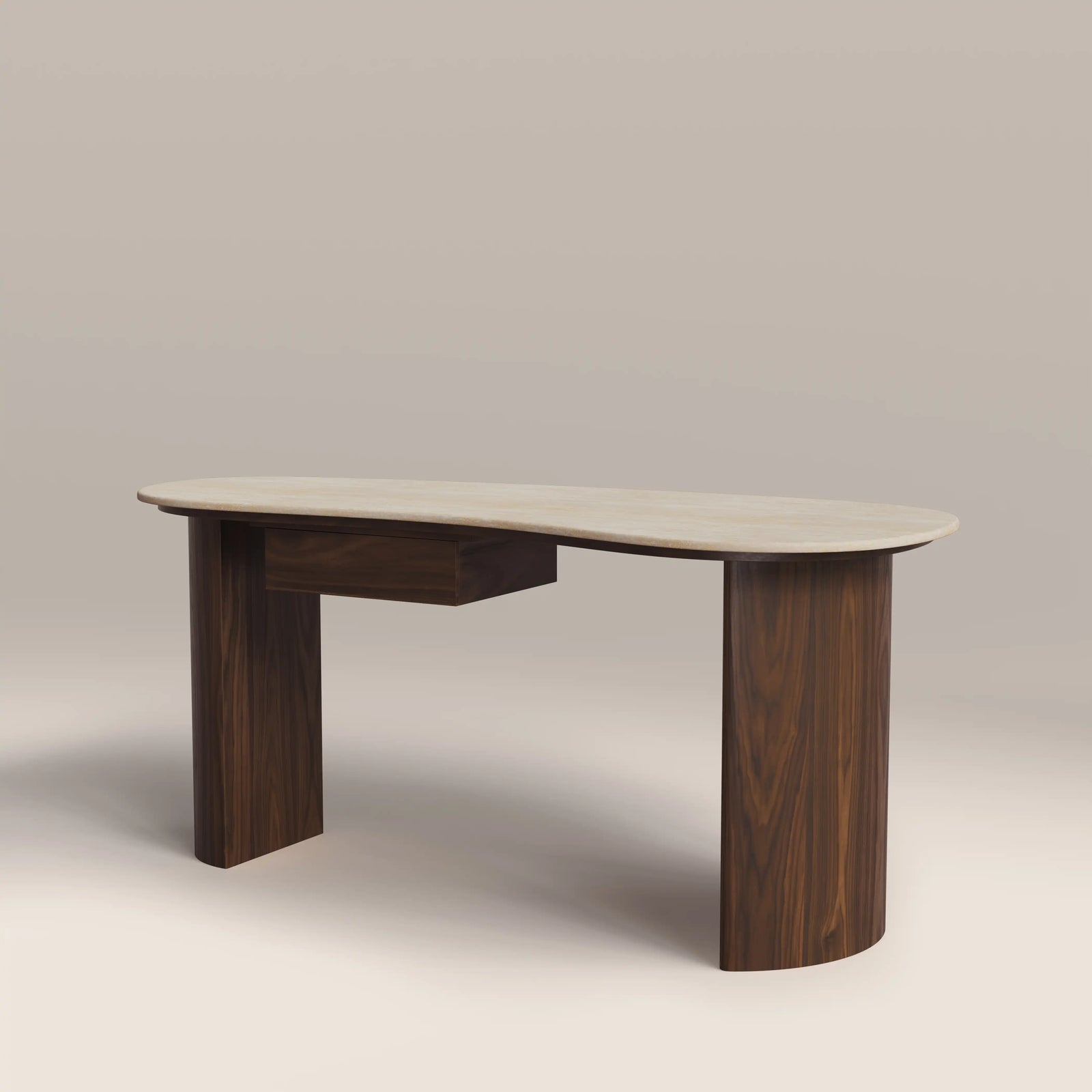 Lois 1 Drawer Desk | Natural Travertine Effect Stone & Walnut