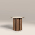 Noelle Round Side Table | Natural Travertine Effect Sintered Stone & Walnut
