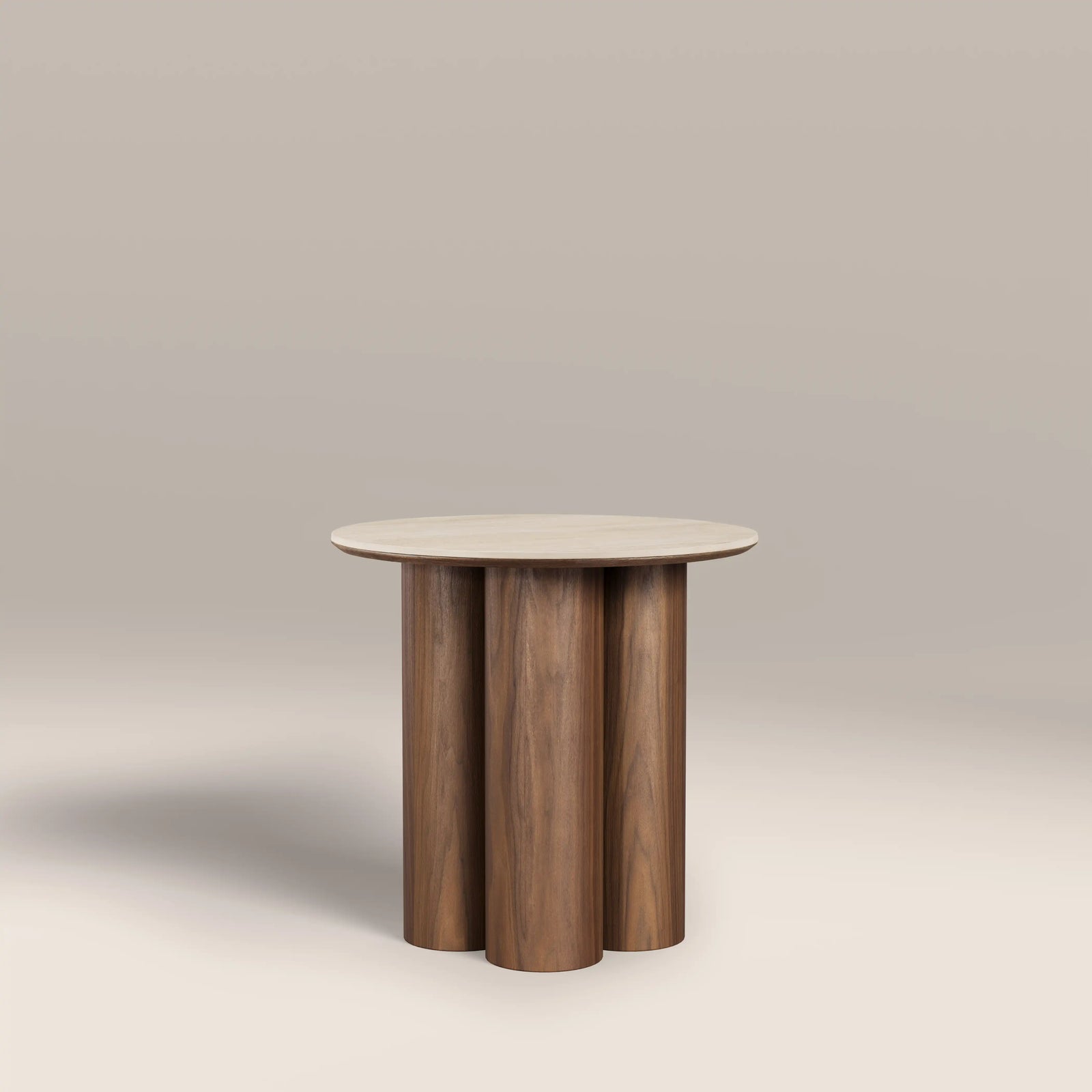 Noelle Round Side Table | Natural Travertine Effect Sintered Stone & Walnut