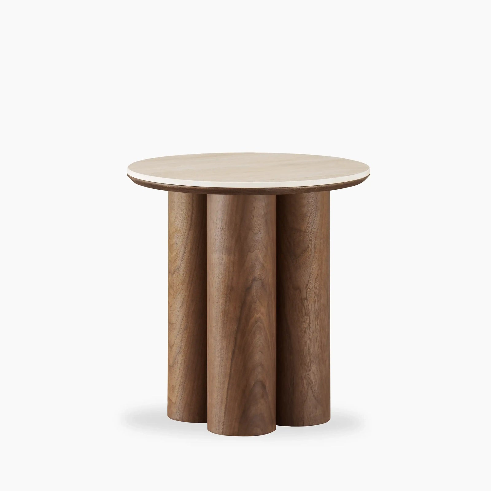 Noelle Round Side Table | Natural Travertine Effect Sintered Stone & Walnut