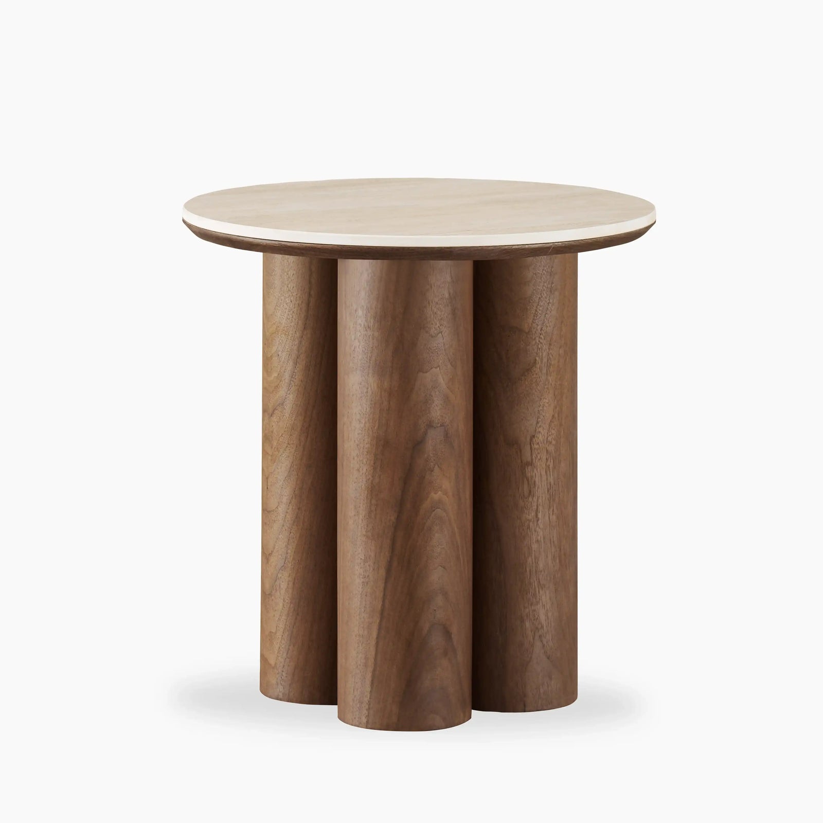 Noelle Round Side Table | Natural Travertine Effect Sintered Stone & Walnut
