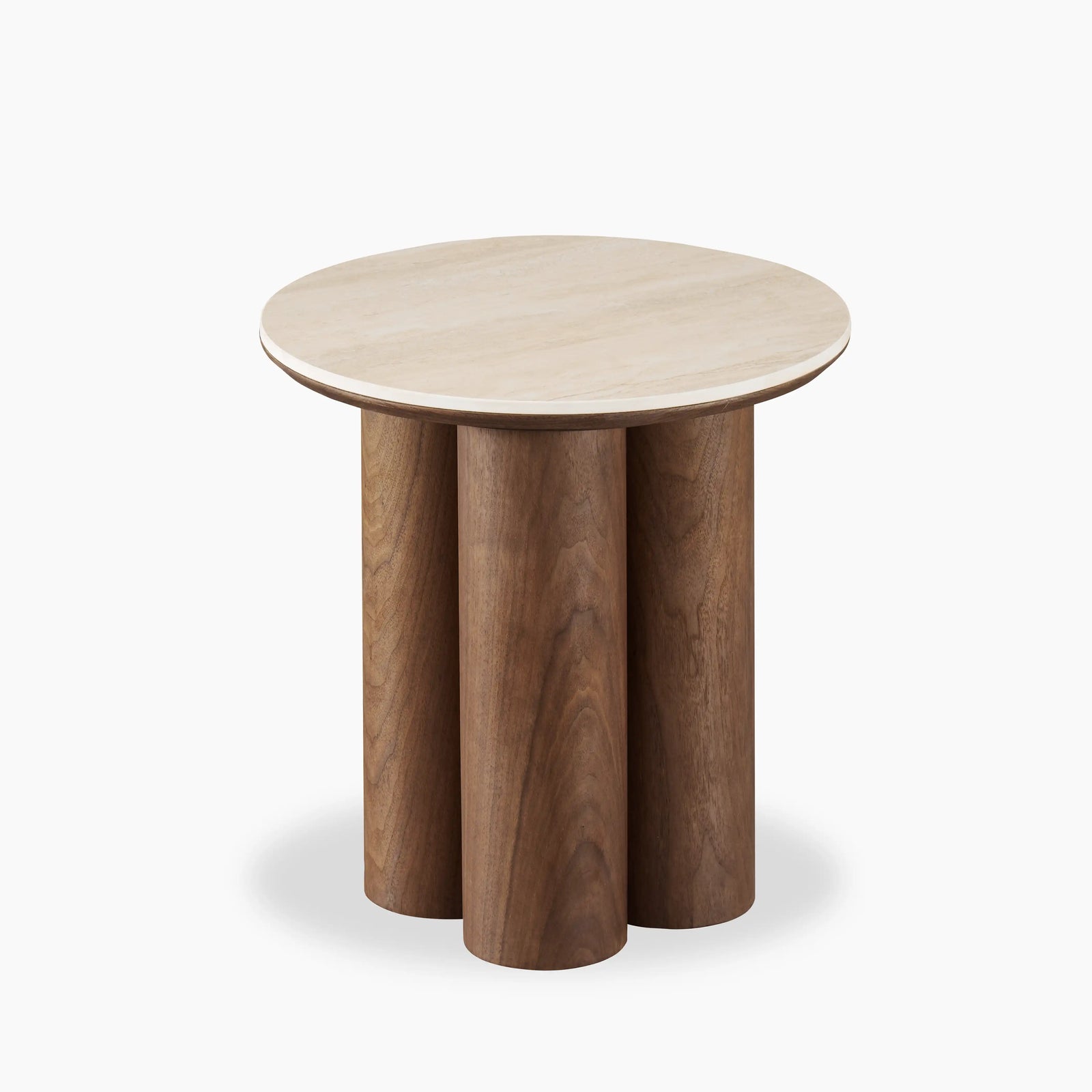Noelle Round Side Table | Natural Travertine Effect Sintered Stone & Walnut