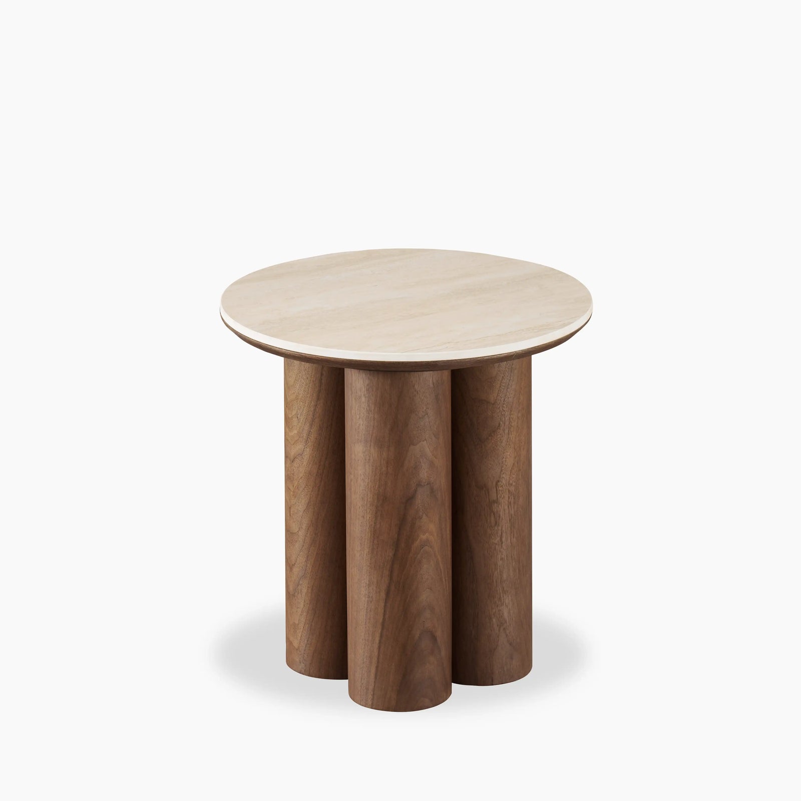 Noelle Round Side Table | Natural Travertine Effect Sintered Stone & Walnut
