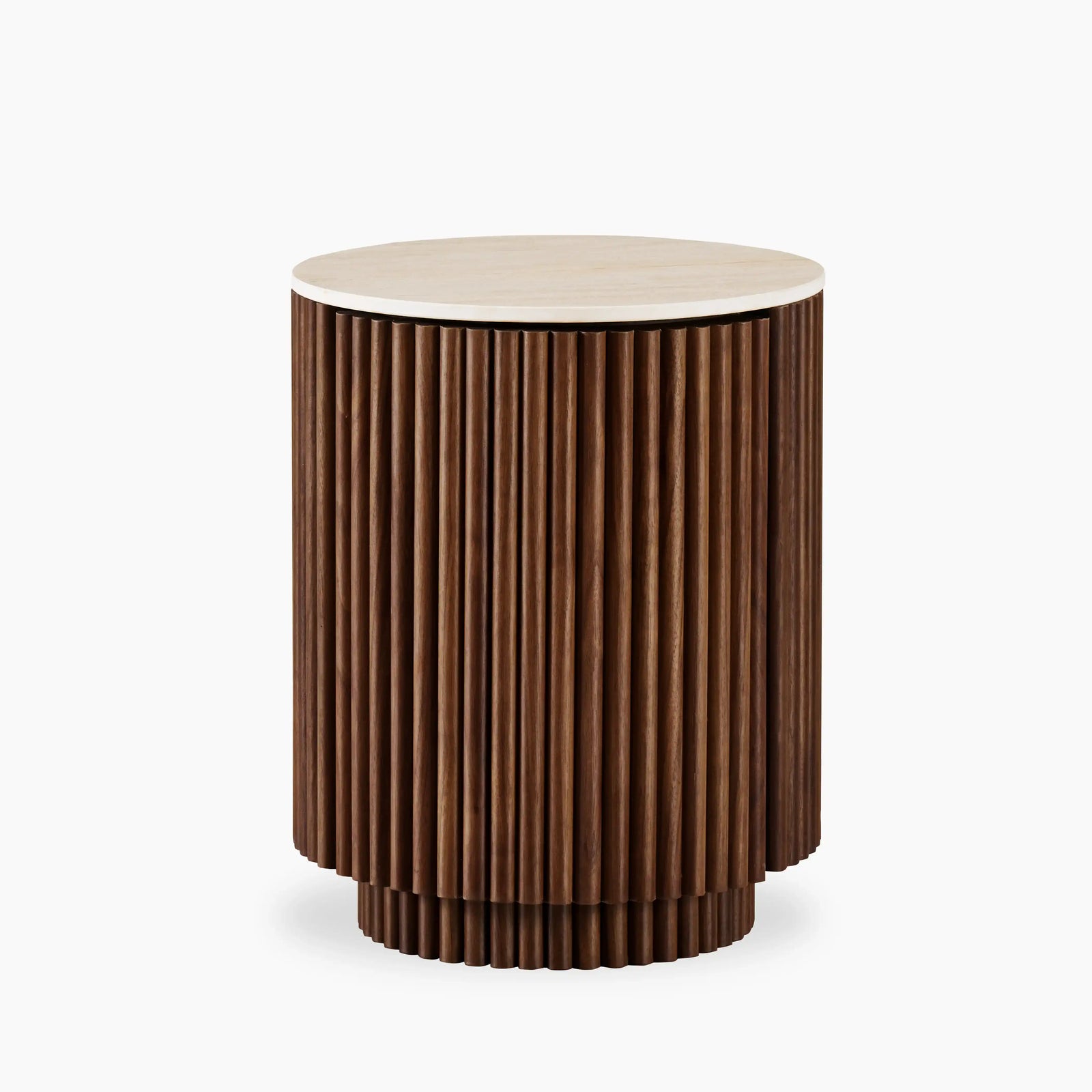 Everly Round Storage Side Table | Natural Travertine Effect Sintered Stone & Walnut