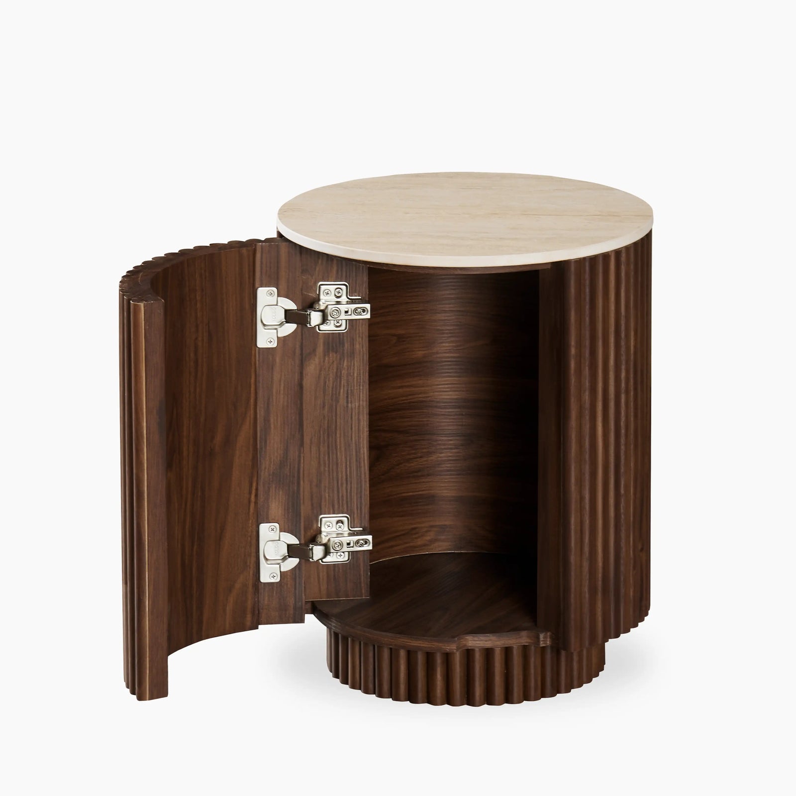 Everly Round Storage Side Table | Natural Travertine Effect Sintered Stone & Walnut