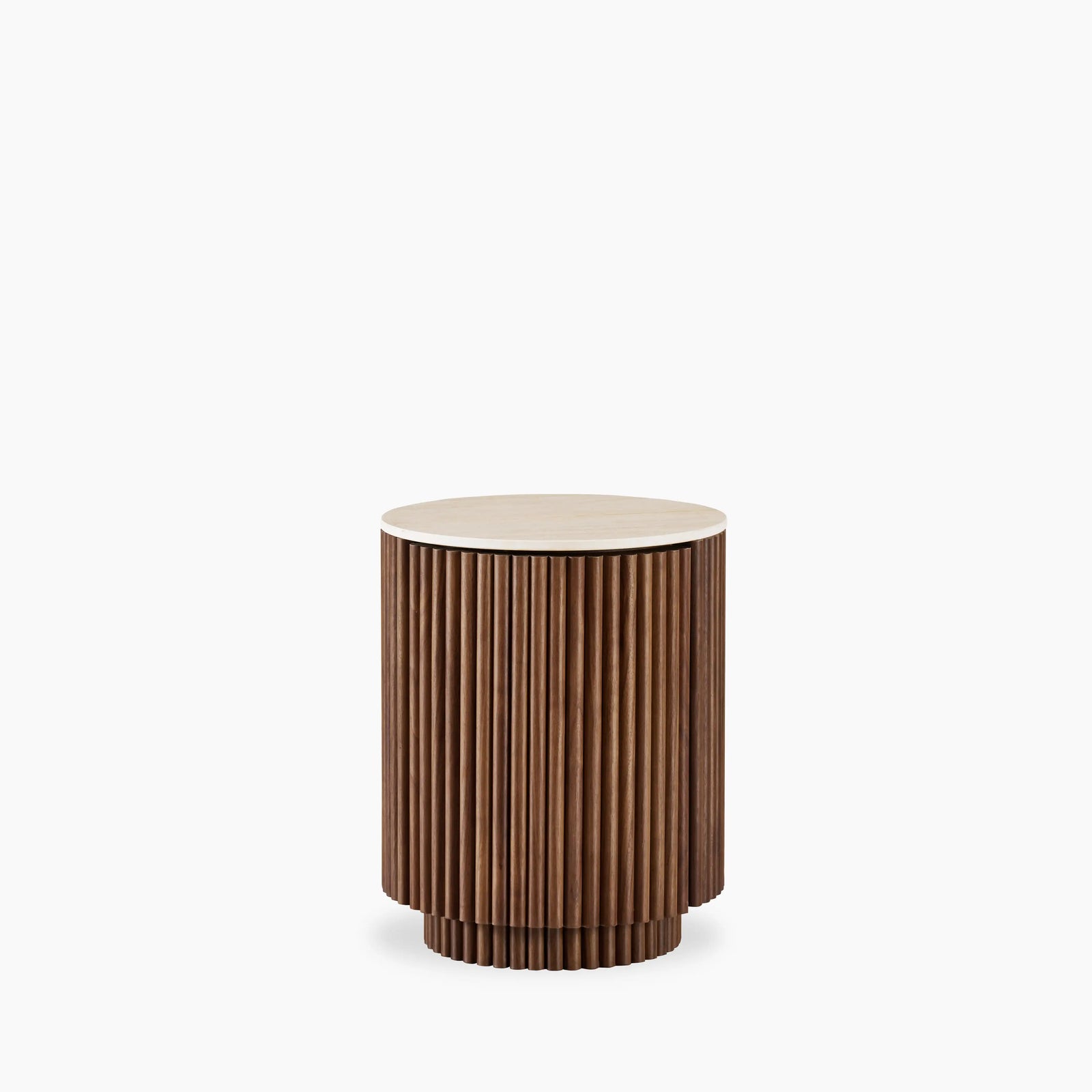 Everly Round Storage Side Table | Natural Travertine Effect Sintered Stone & Walnut