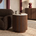 Everly Round Storage Side Table | Natural Travertine Effect Sintered Stone & Walnut
