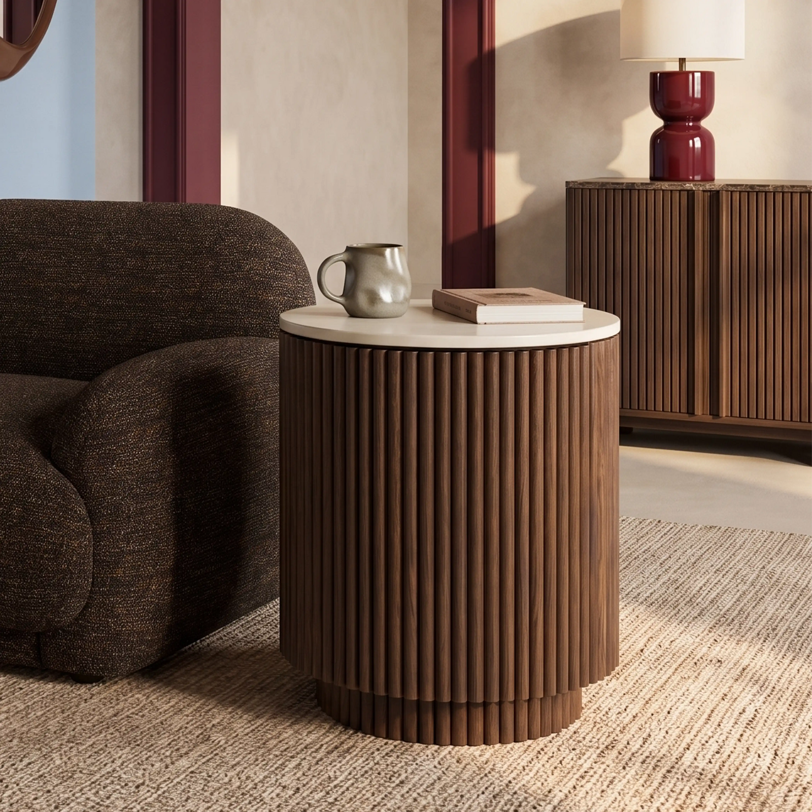 Everly Round Storage Side Table | Natural Travertine Effect Sintered Stone & Walnut