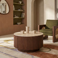 Everly Round Storage Coffee Table | Natural Travertine Effect Sintered Stone & Walnut