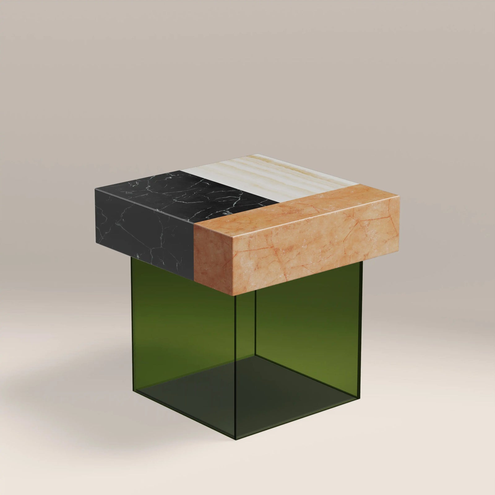 Bay Square Side Table | Mixed Marble & Green Arcylic