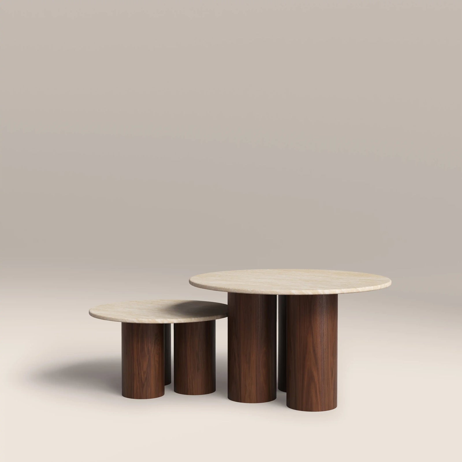 Brynleigh Set of 2 Nesting Round Coffee Tables | Natural Travertine Effect Stone & Walnut