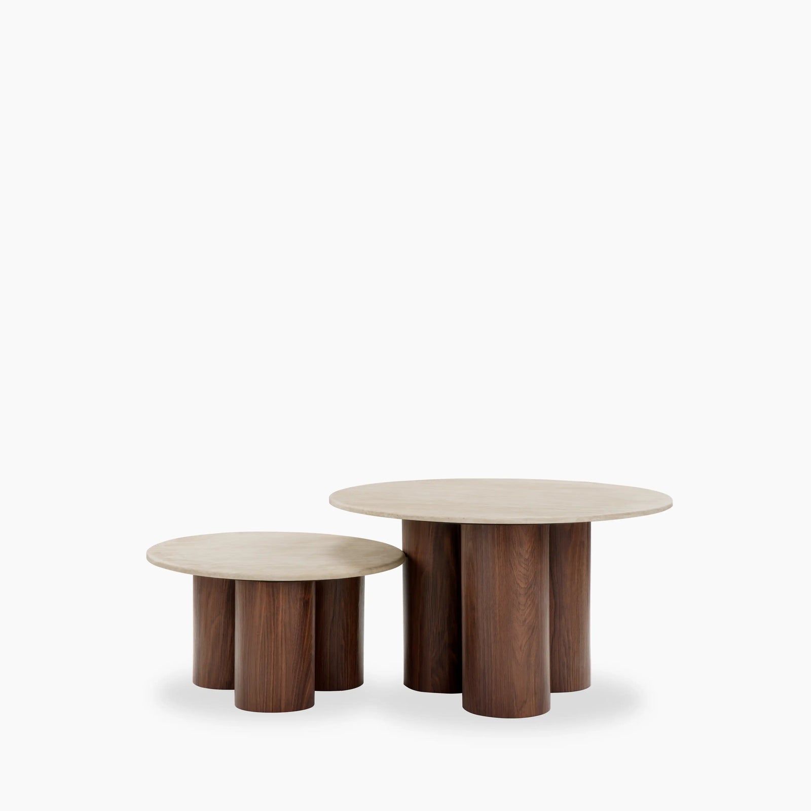 Brynleigh Set of 2 Nesting Round Coffee Tables | Natural Travertine Effect Stone & Walnut
