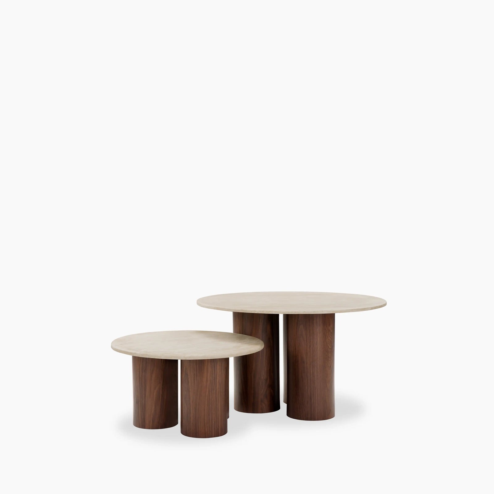 Brynleigh Set of 2 Nesting Round Coffee Tables | Natural Travertine Effect Stone & Walnut