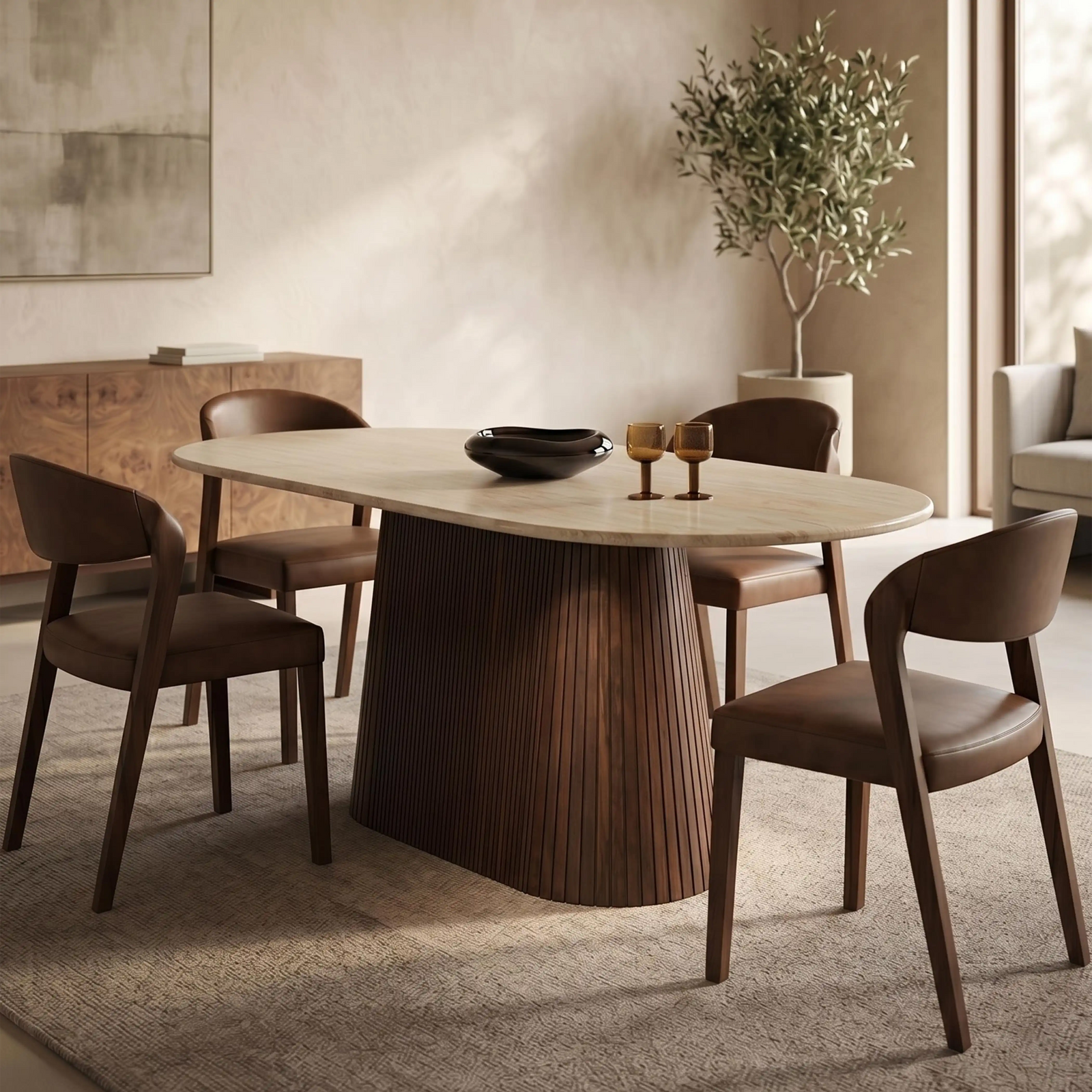 Oxborough 6 Seat Oval Dining Table | Natural Travertine Effect Sintered Stone & Walnut