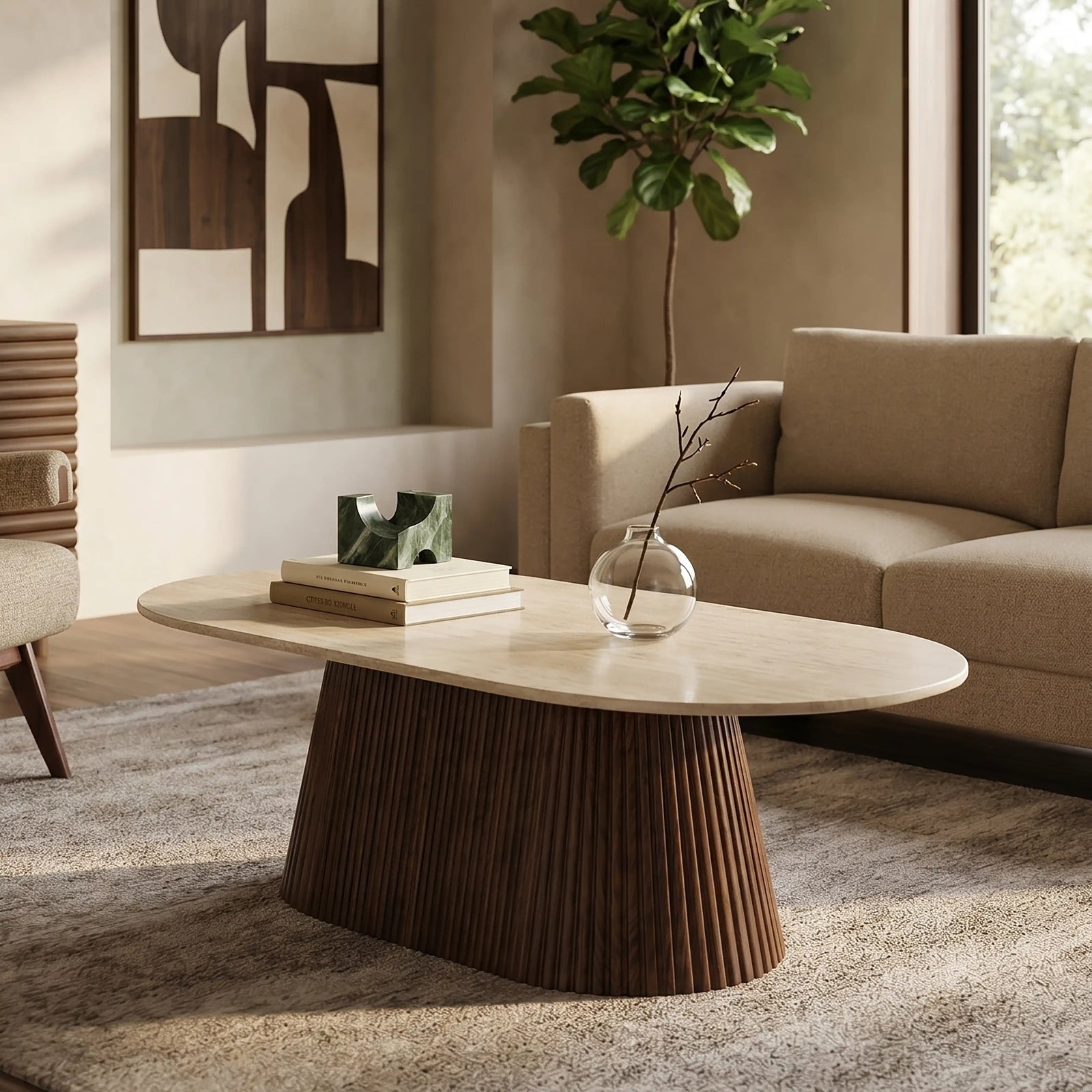 Oxborough Oval Coffee Table | Natural Travertine Effect Stone & Walnut