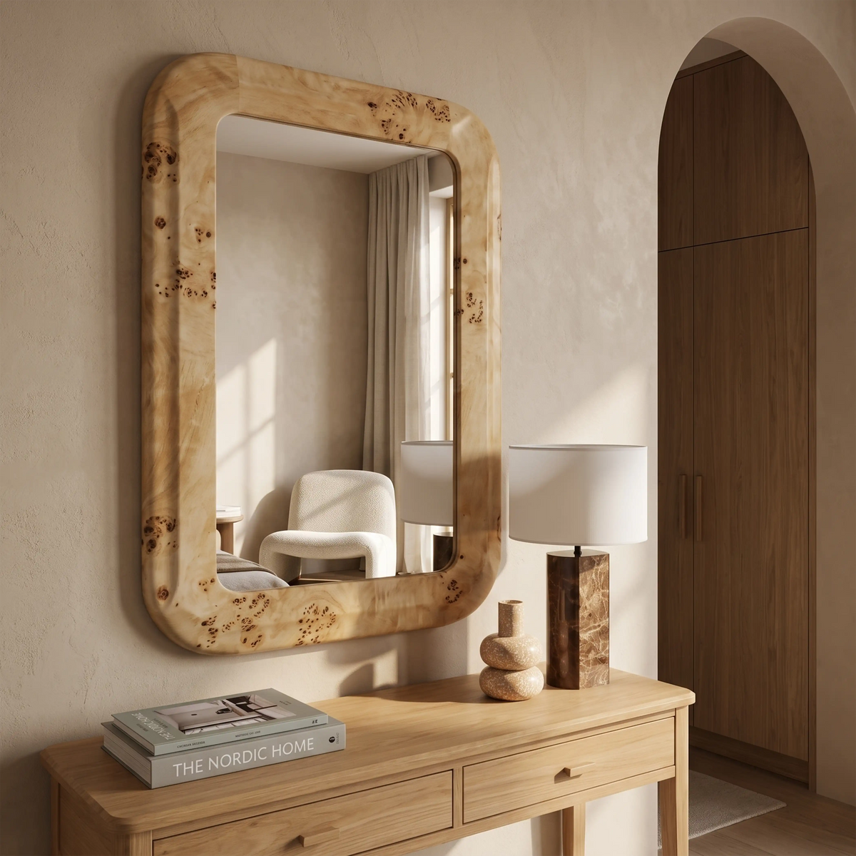 Maida Rectangle Wall Mirror, 120 x 80 cm | Natural Burl Wood
