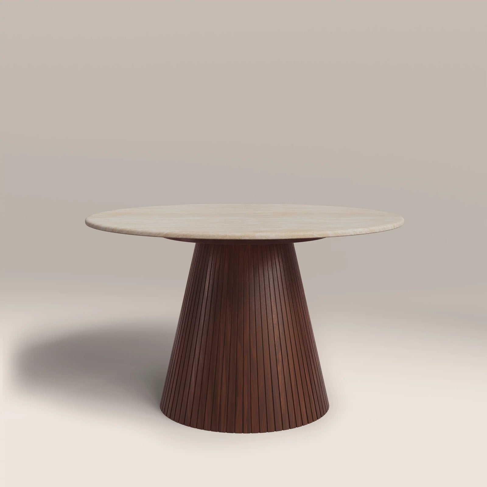 Oxborough 4 Seat Round Dining Table | Natural Travertine Effect Stone & Walnut