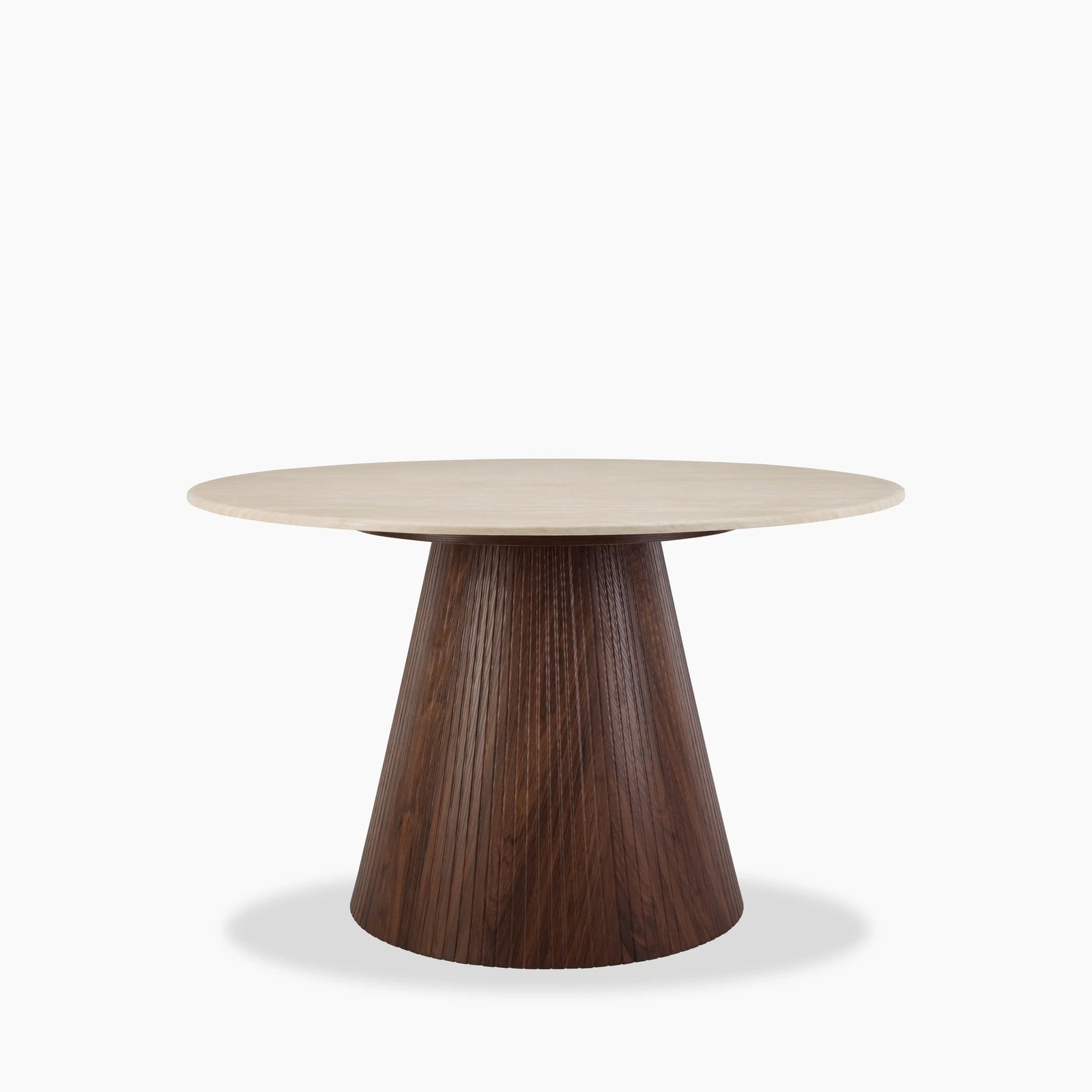 Oxborough 4 Seat Round Dining Table | Natural Travertine Effect Stone & Walnut