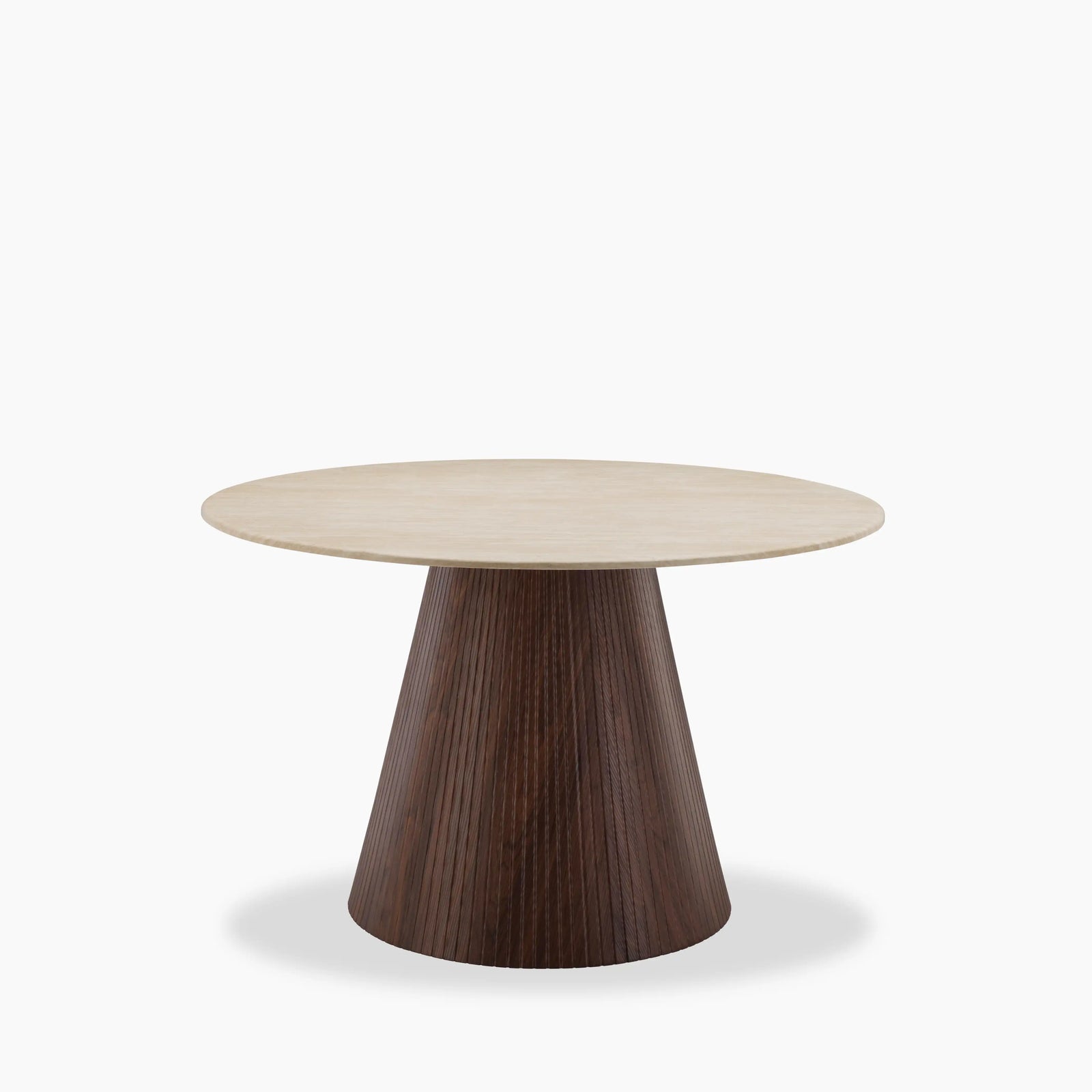 Oxborough 4 Seat Round Dining Table | Natural Travertine Effect Stone & Walnut