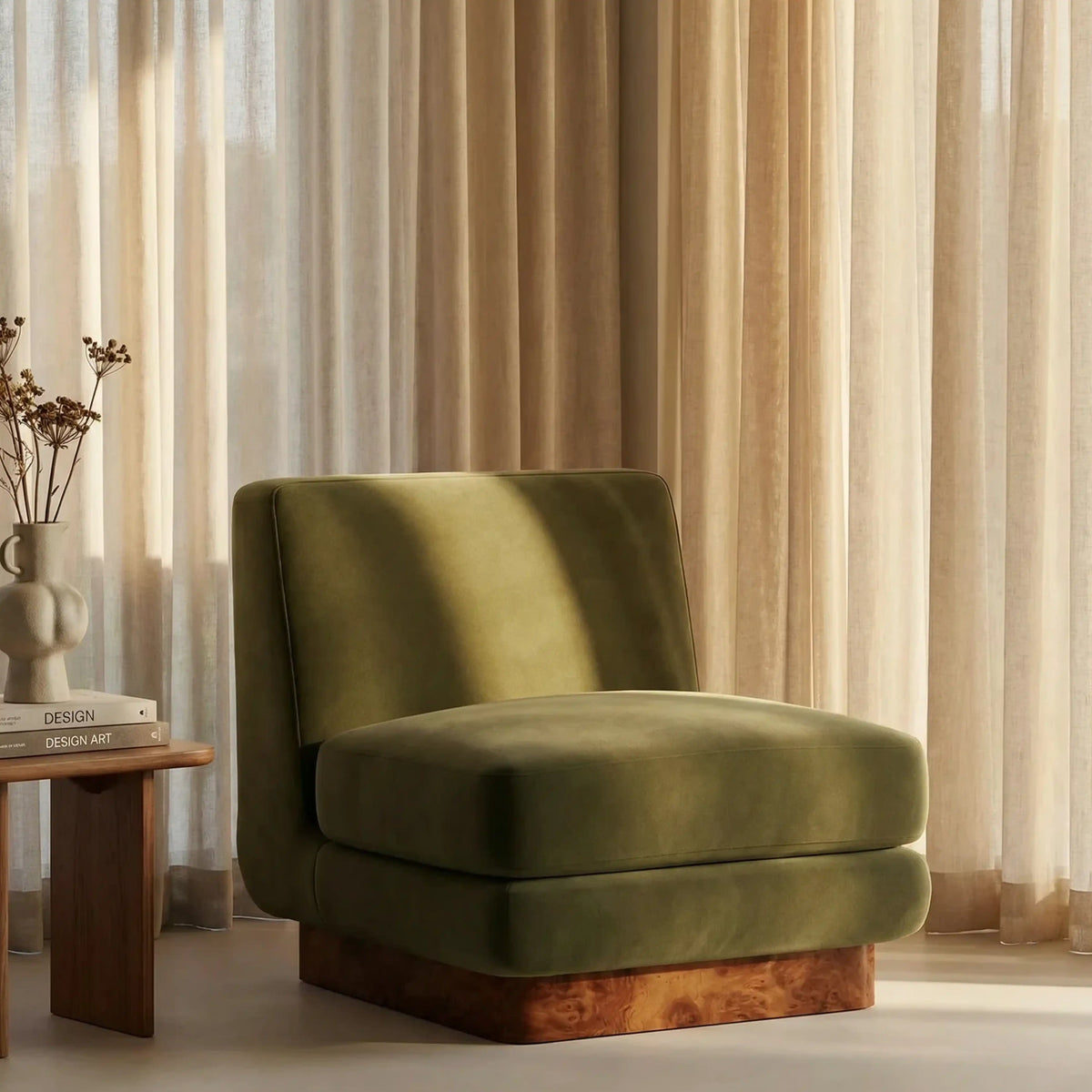 Harrison Accent Chair | Moss Green Sustainable Mohair Velvet & Walnut Burl Wood