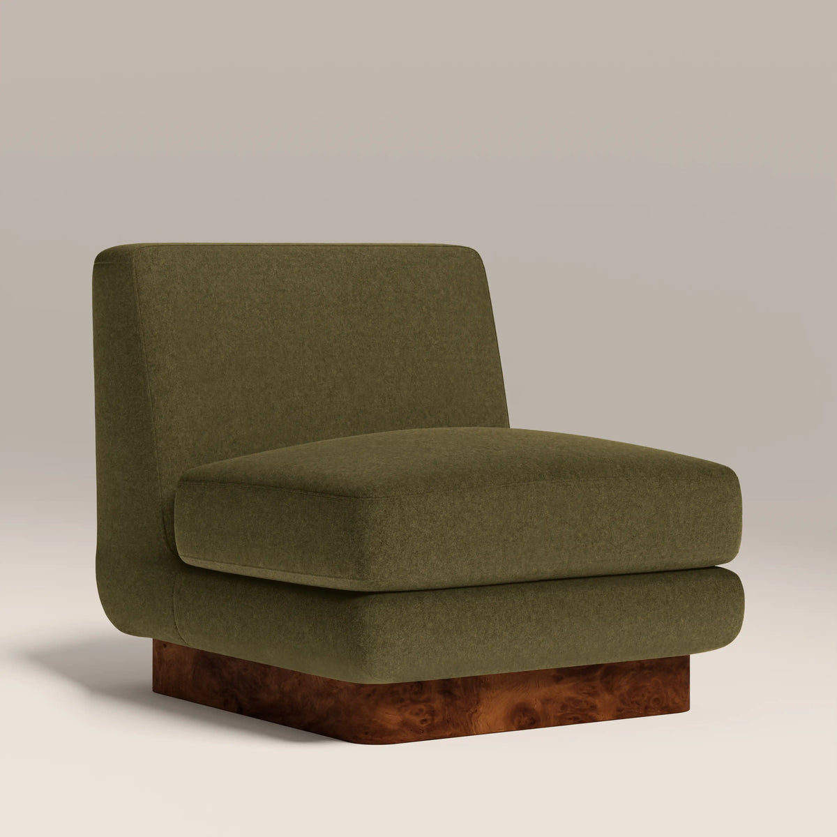 Harrison Accent Chair | Moss Green Sustainable Mohair Velvet & Walnut Burl Wood