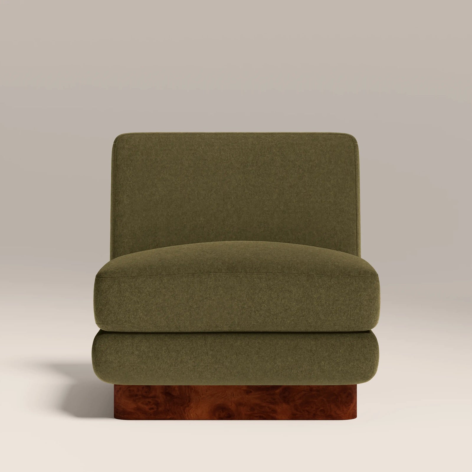 Harrison Accent Chair | Moss Green Sustainable Mohair Velvet & Walnut Burl Wood