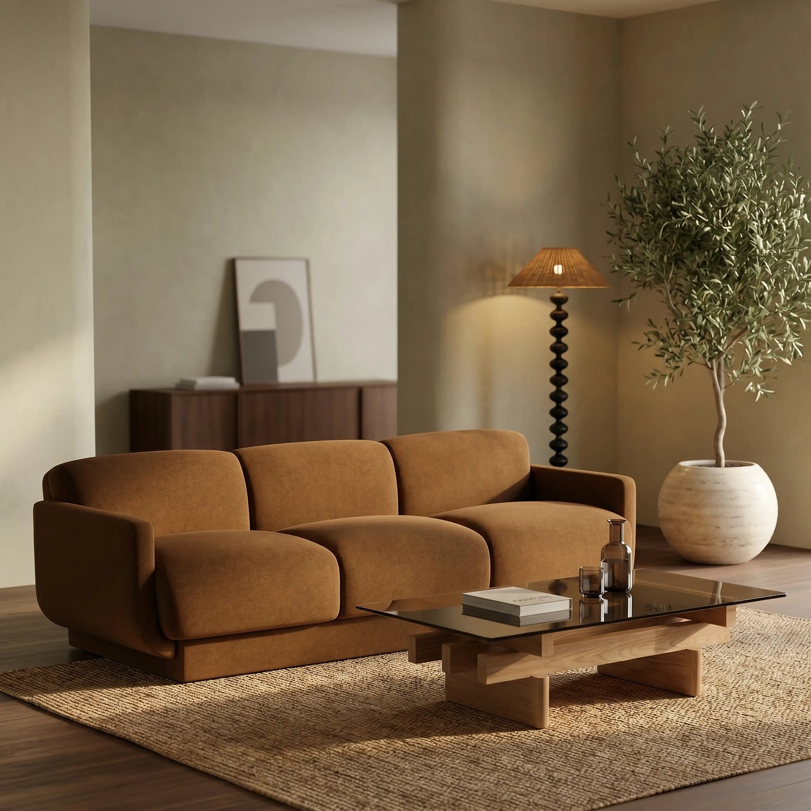 Connick 3 Seater Sofa | Caramel Brown Sustainable Mohair Velvet