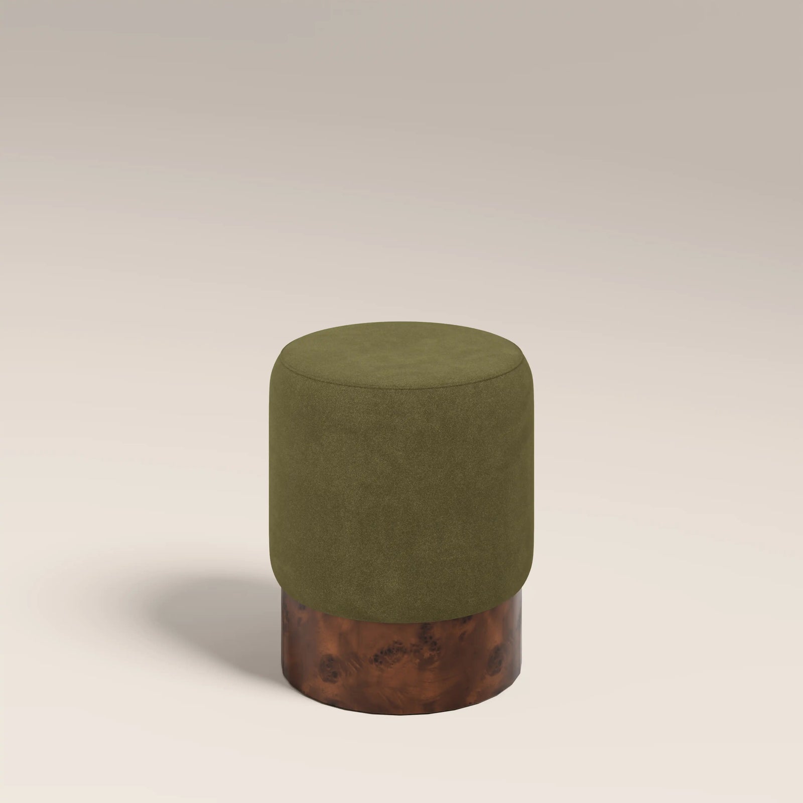 Marie Pouffe | Moss Green Sustainable Mohair Velvet & Walnut Burl