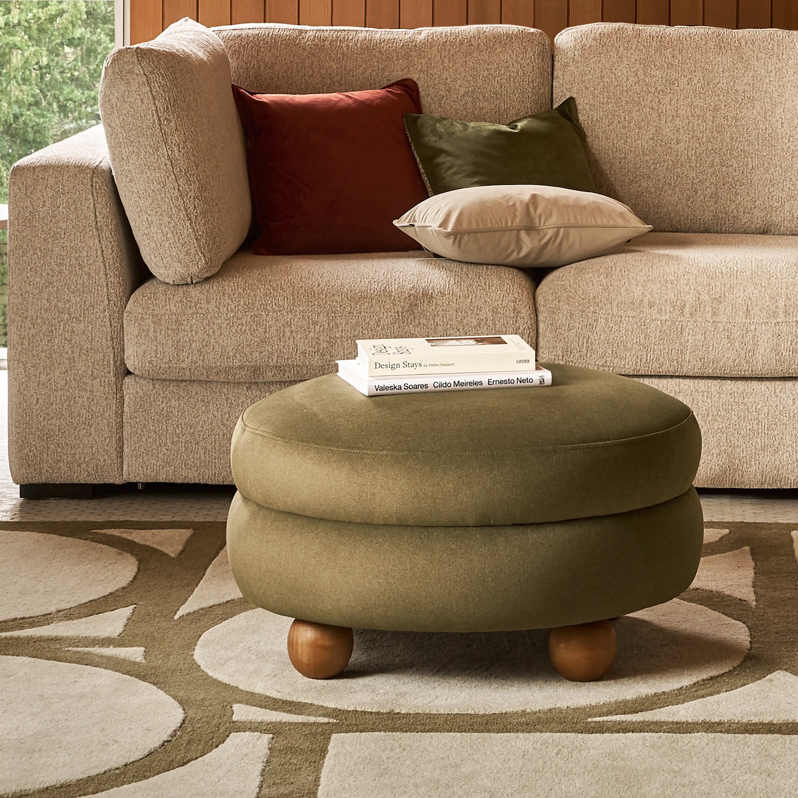 Hazel Footstool | Moss Green Sustainable Mohair Velvet & Walnut