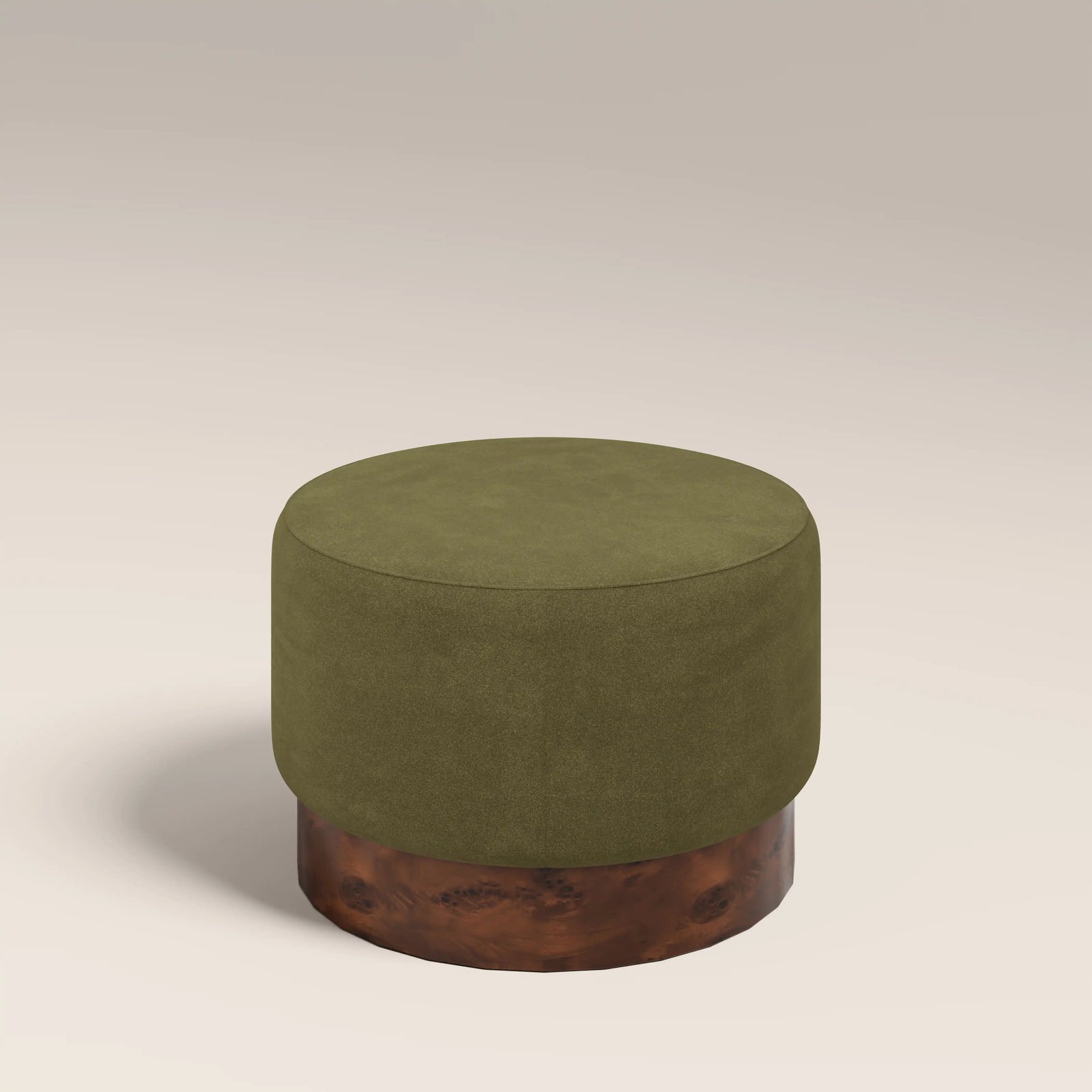 Marie Footstool | Moss Green Sustainable Mohair Velvet & Walnut Burl